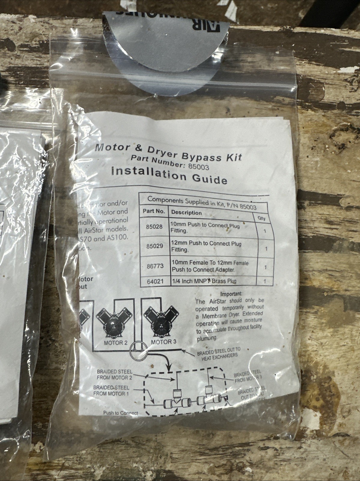 Air Star Dental Air System, Airstar Motor and Dryer Bypass Kit PN 85003