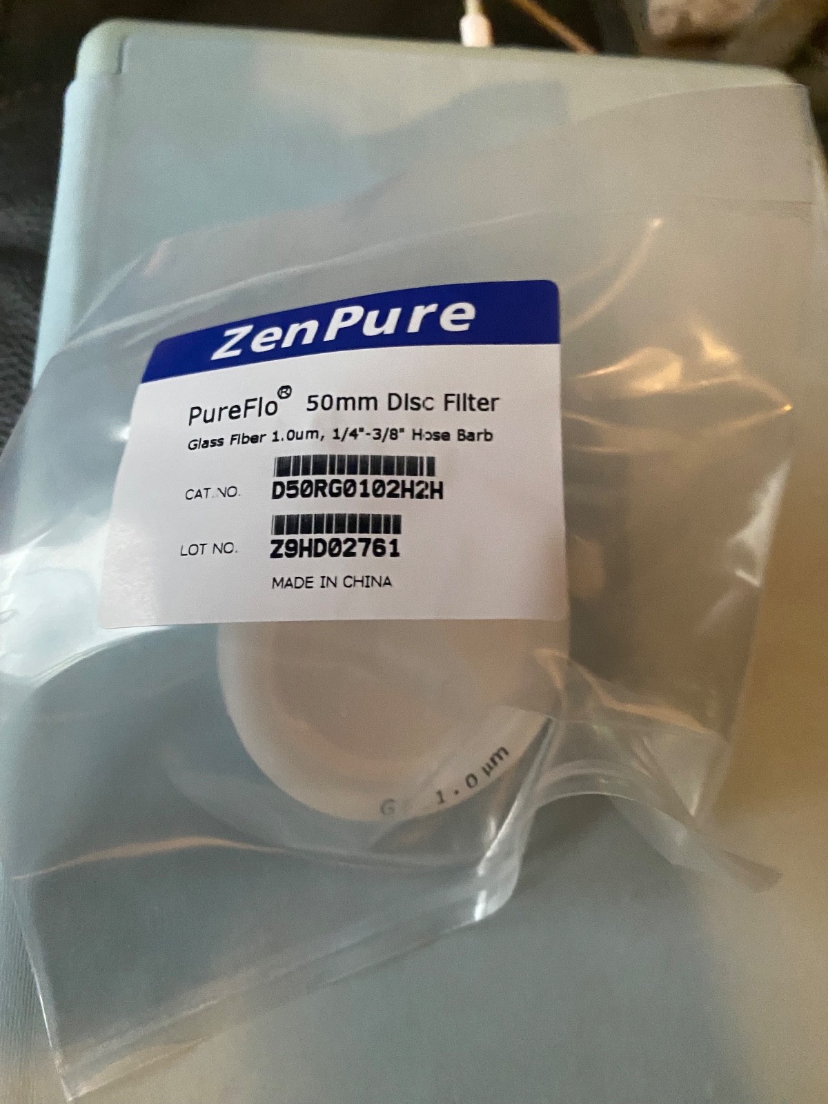 ZenPure PureFlo 50 mm Disc Filters – Glass Fiber 1.0 µm, ¼-3⁄8″ Hose Barb – Lot