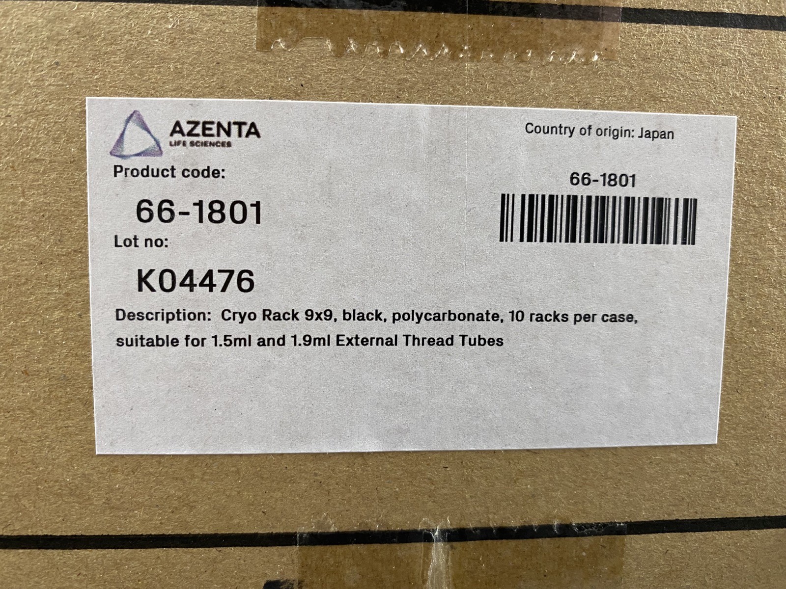 AZENTA 9X9 Black Polycarbonate 1.5mL & 1.9mL Tubes Cryo Rack 66-1801 (10/Case)