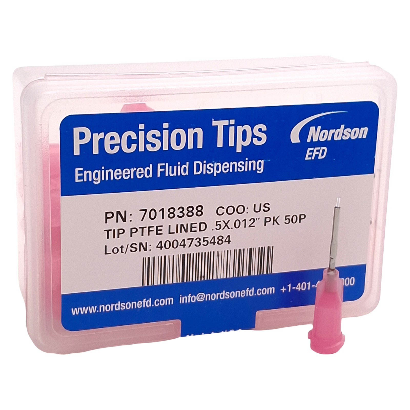 Nordson EFD 7018388 Precision PTFE-Lined Tips, Pink, 0.5in x 0.012in ID, 50/Box