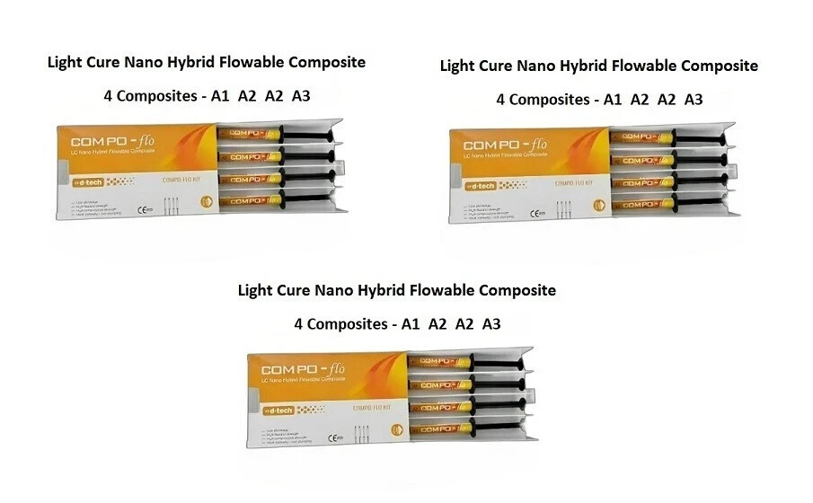 3 x D Tech Dental COMPO FLO LC Nano Hybrid Flowable Composite 4 x 2gm Kit