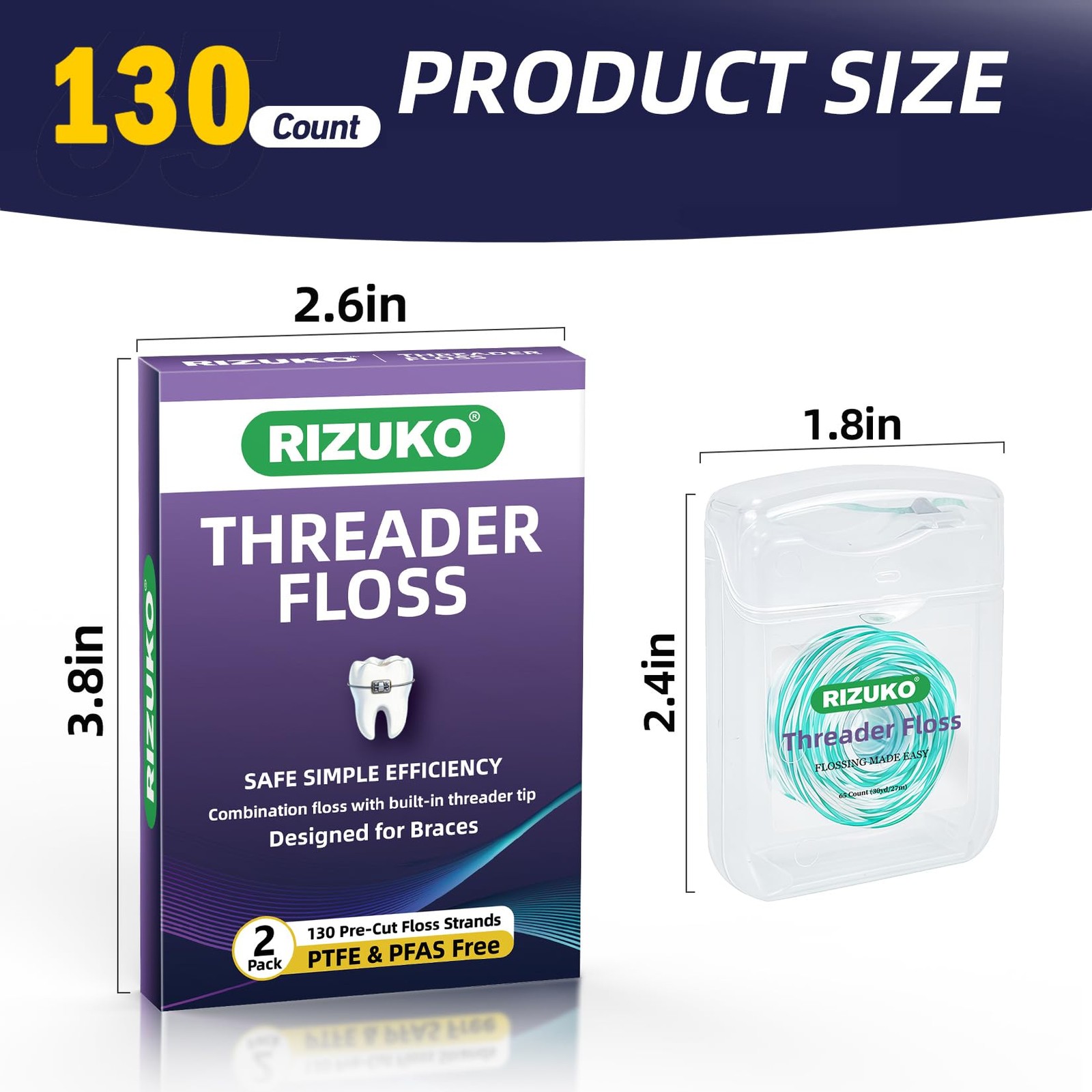 Threader Floss,2-in-1 Dental Floss for 65 Count(Pack of 2), Green+white