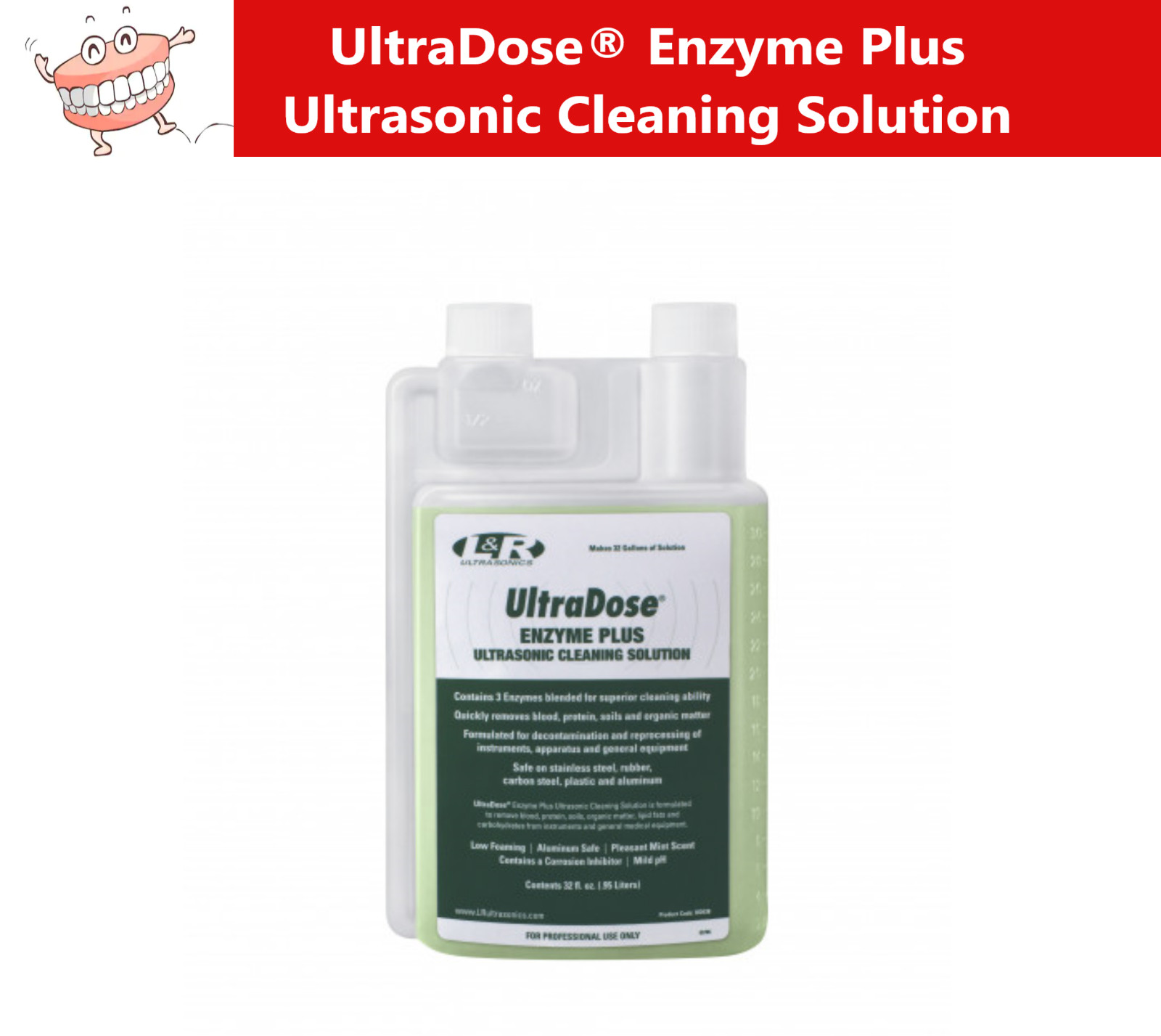 Dental Ultradose Enzyme Plus Ultrasonic Cleaning Solution, 32 oz Bottle – L & R