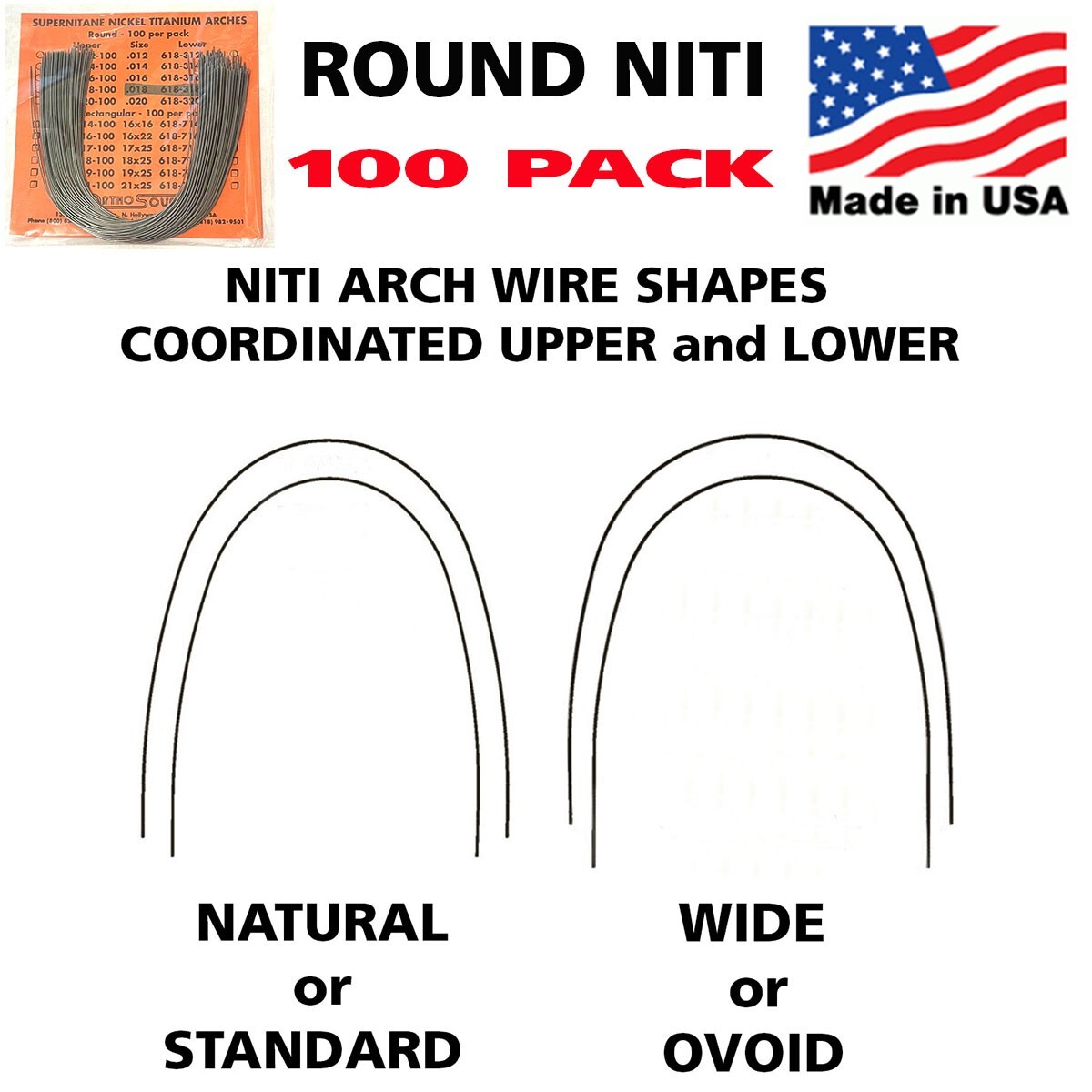 SCI Ortho NITI Round Arch (Nickel Titanium) Wires Natural or Wide 100 PCS