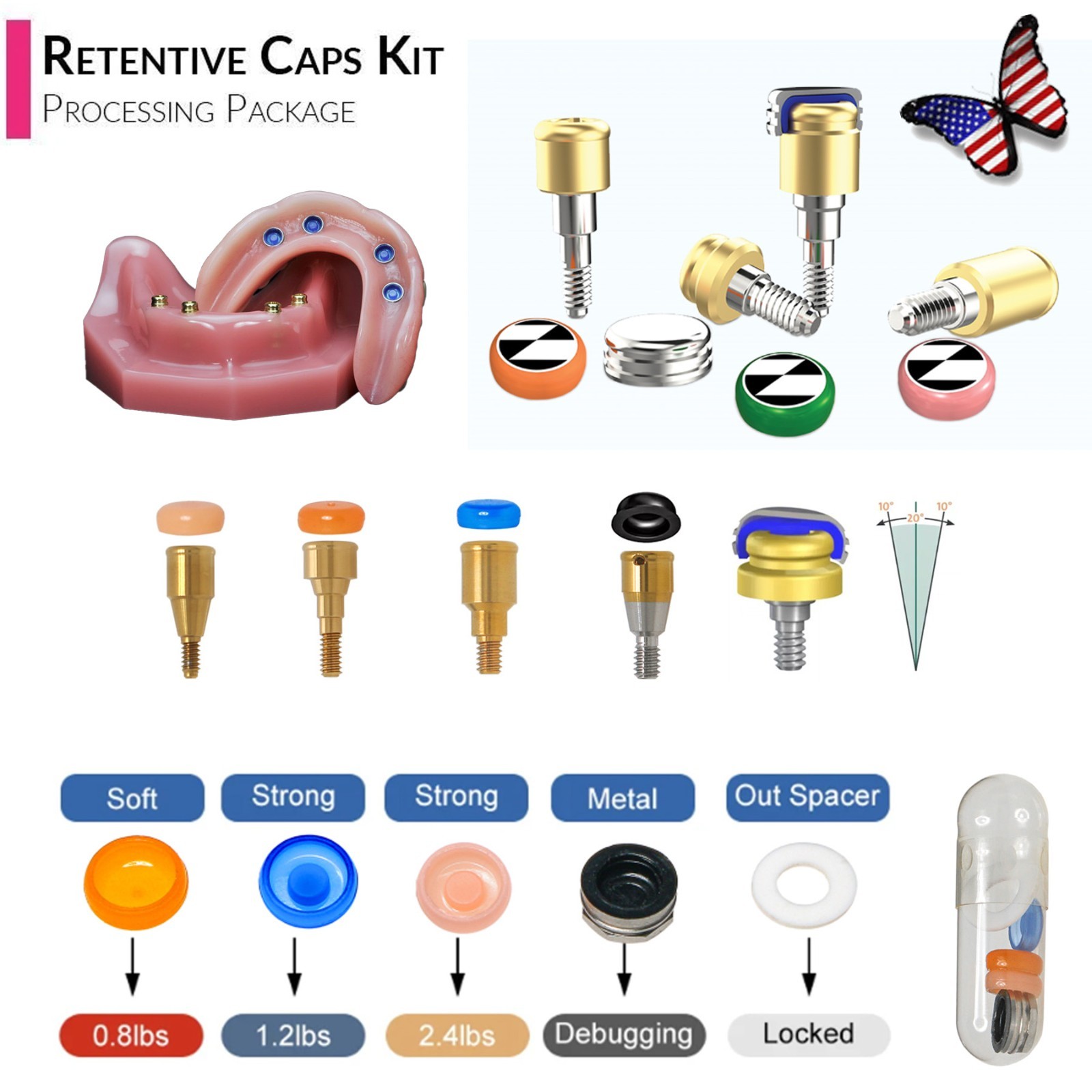 US Locator Overdenture Male Caps 0.8/1.2/2.4lbs PEEK Dental Retention Inserts