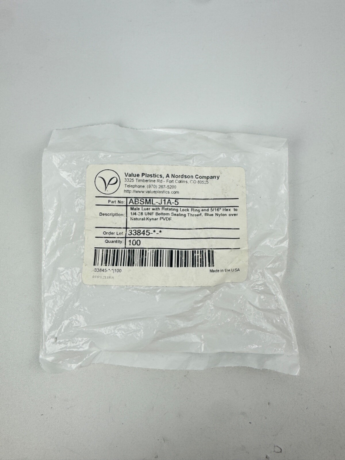 x(75) Nordson Value Plastics ABSML-J1A-5 Luer Tube Fitting Threaded Adapter