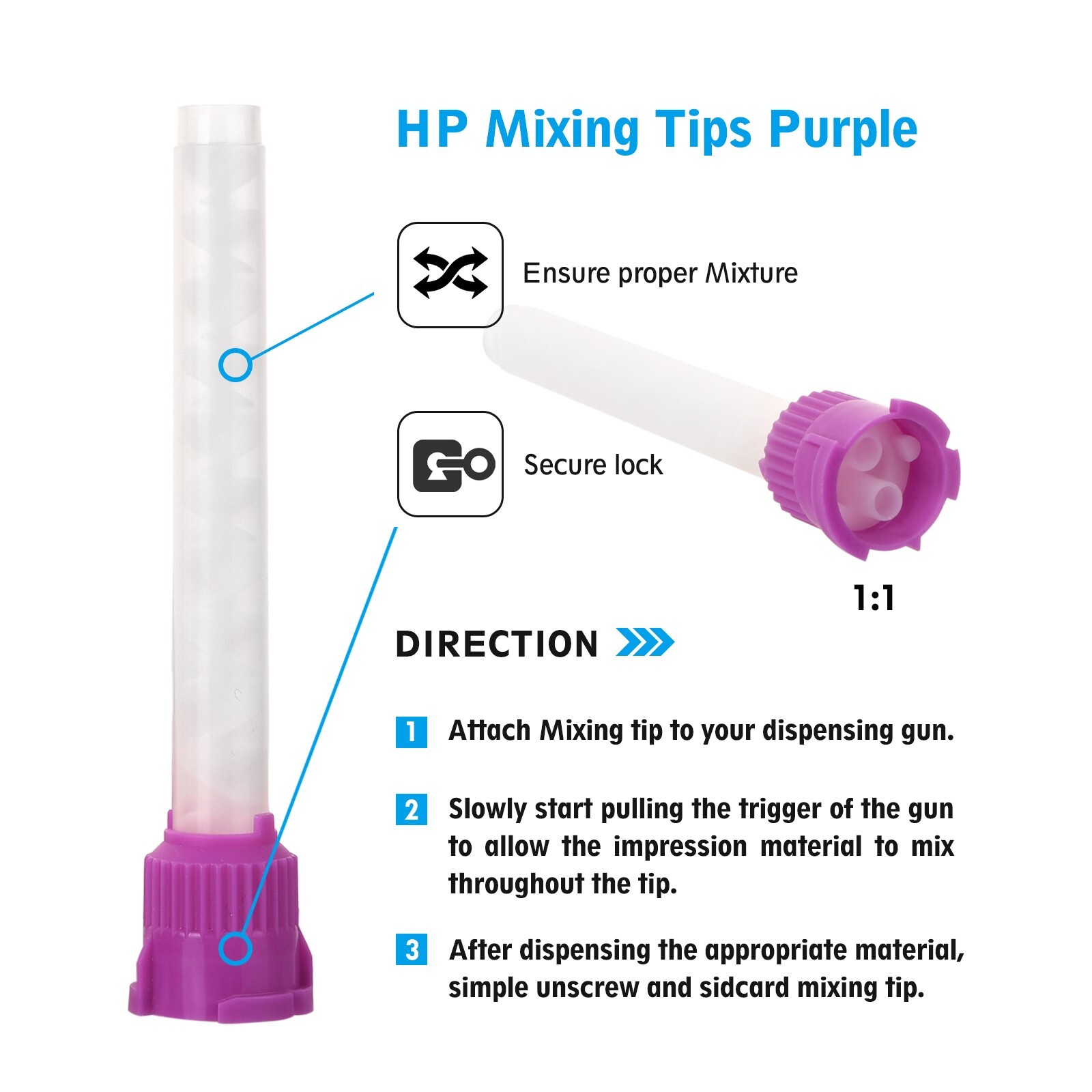 100 Dental Mixing Tips Impression HP Tips Purple 8.5mm(1:1)