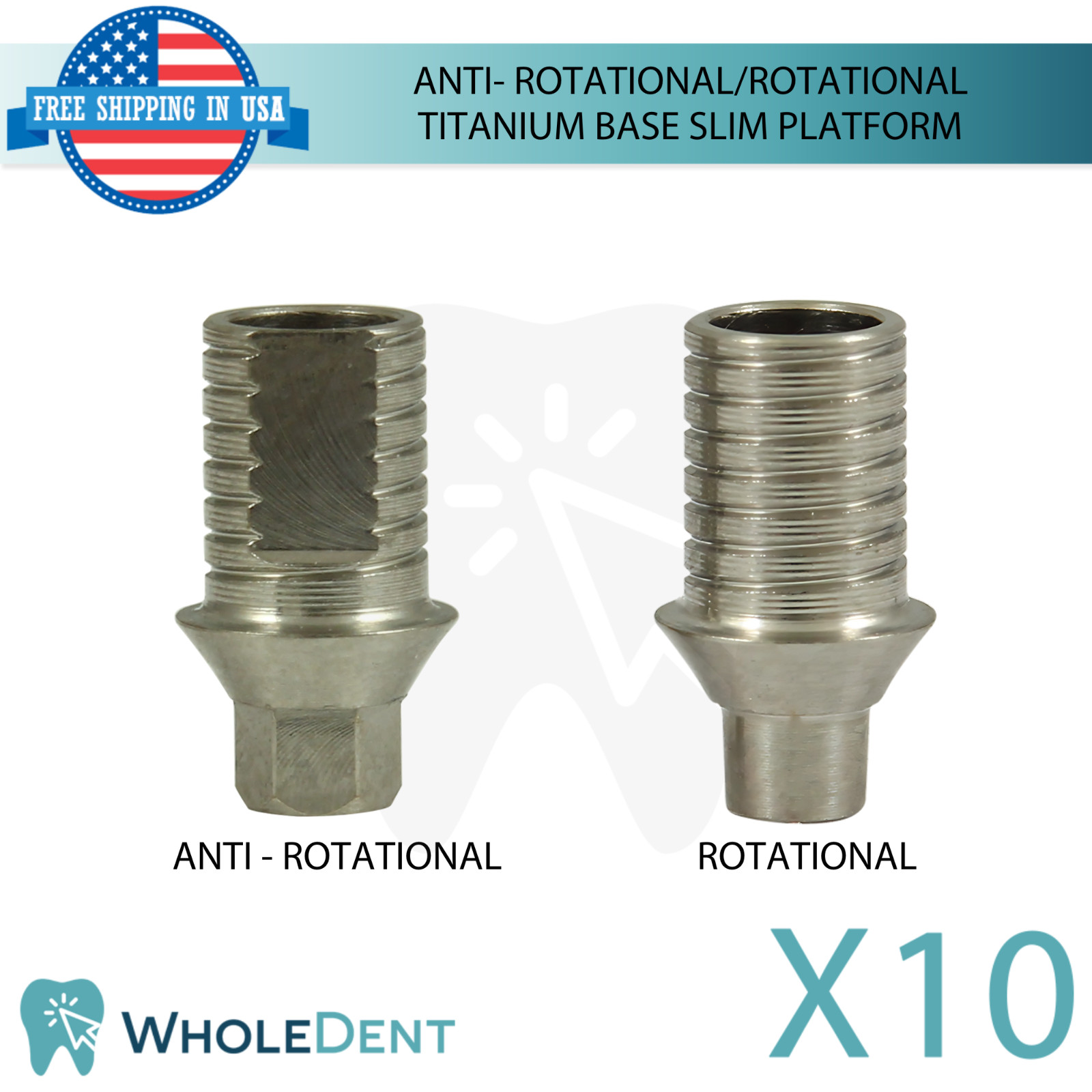 10x Dental Anti-Rotational / Rotational Titanium Base Slim Platform Int Hex 2mm
