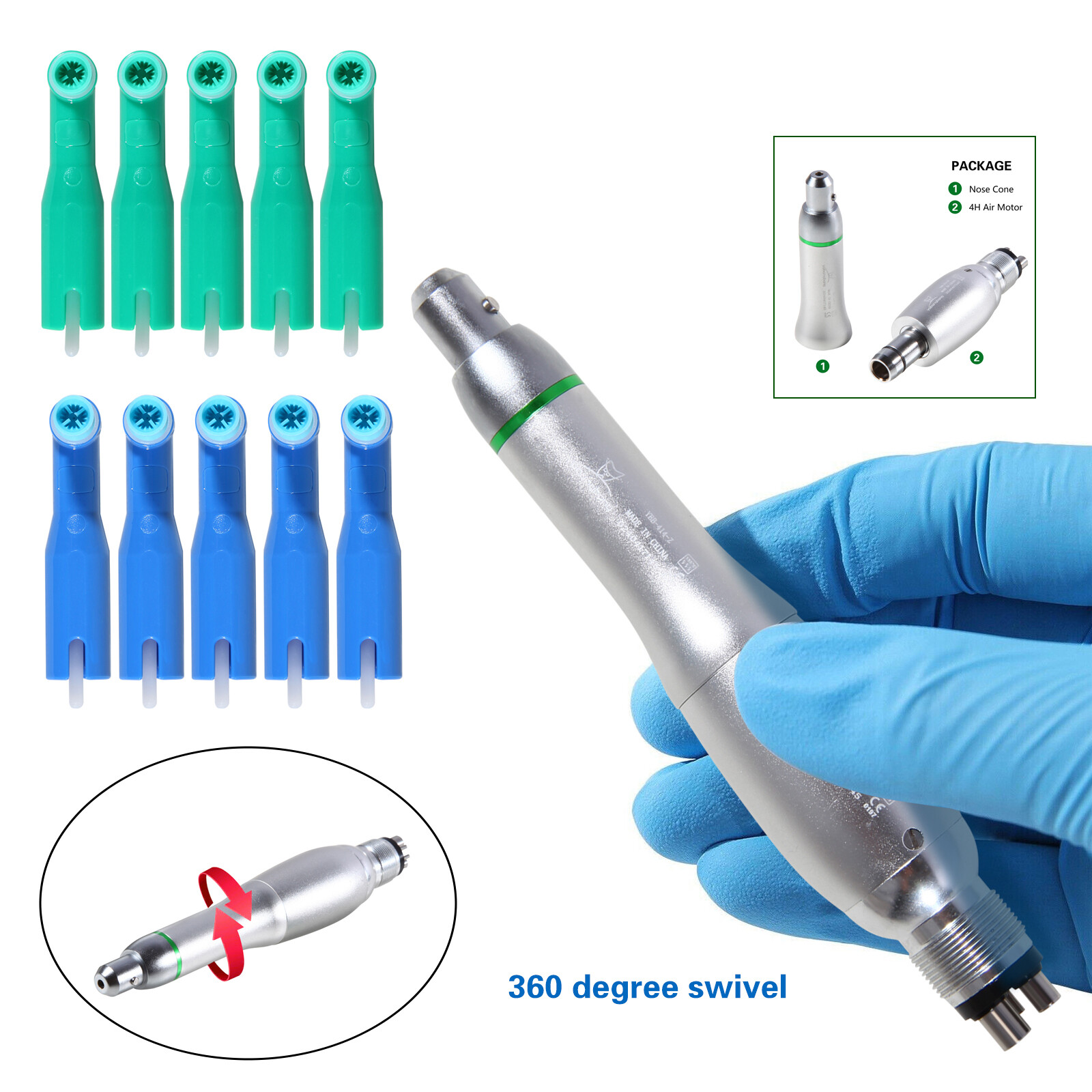 360°Swivel Dental Hygiene Prophy Handpiece Air Motor 4 Hole & 4:1 Nose Cone YB