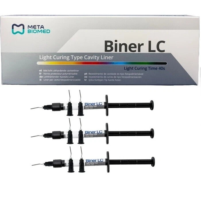 3 x Dental META BINER LC Light Curing Type Cavity Liner 2gm Syringe with Tips