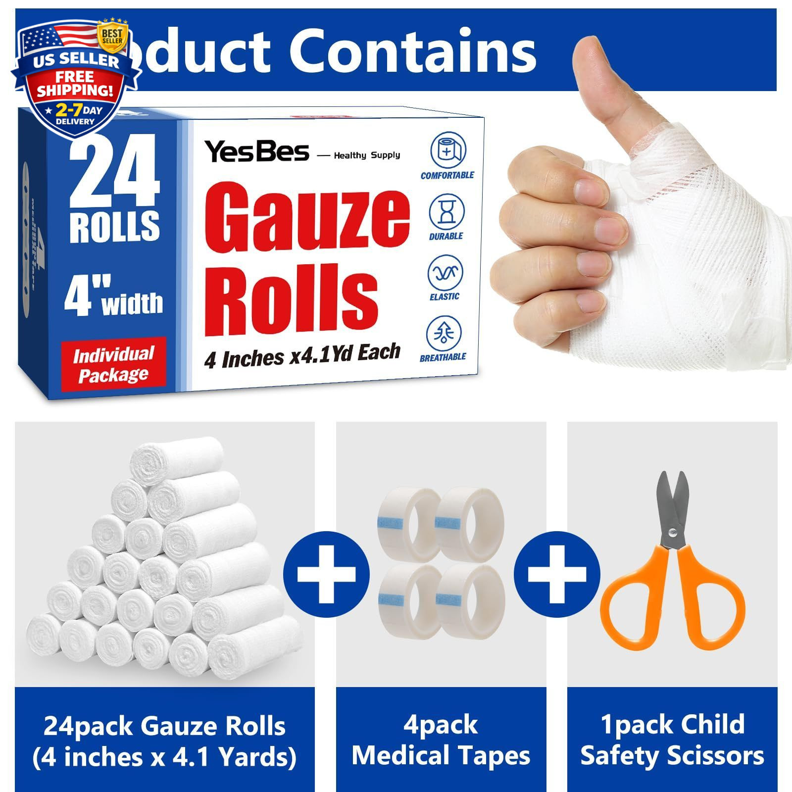 24 Pack 4 Inch 4.1 Yards Gauze Bandage Roll, Gauze Wrap Rolls for Wounds