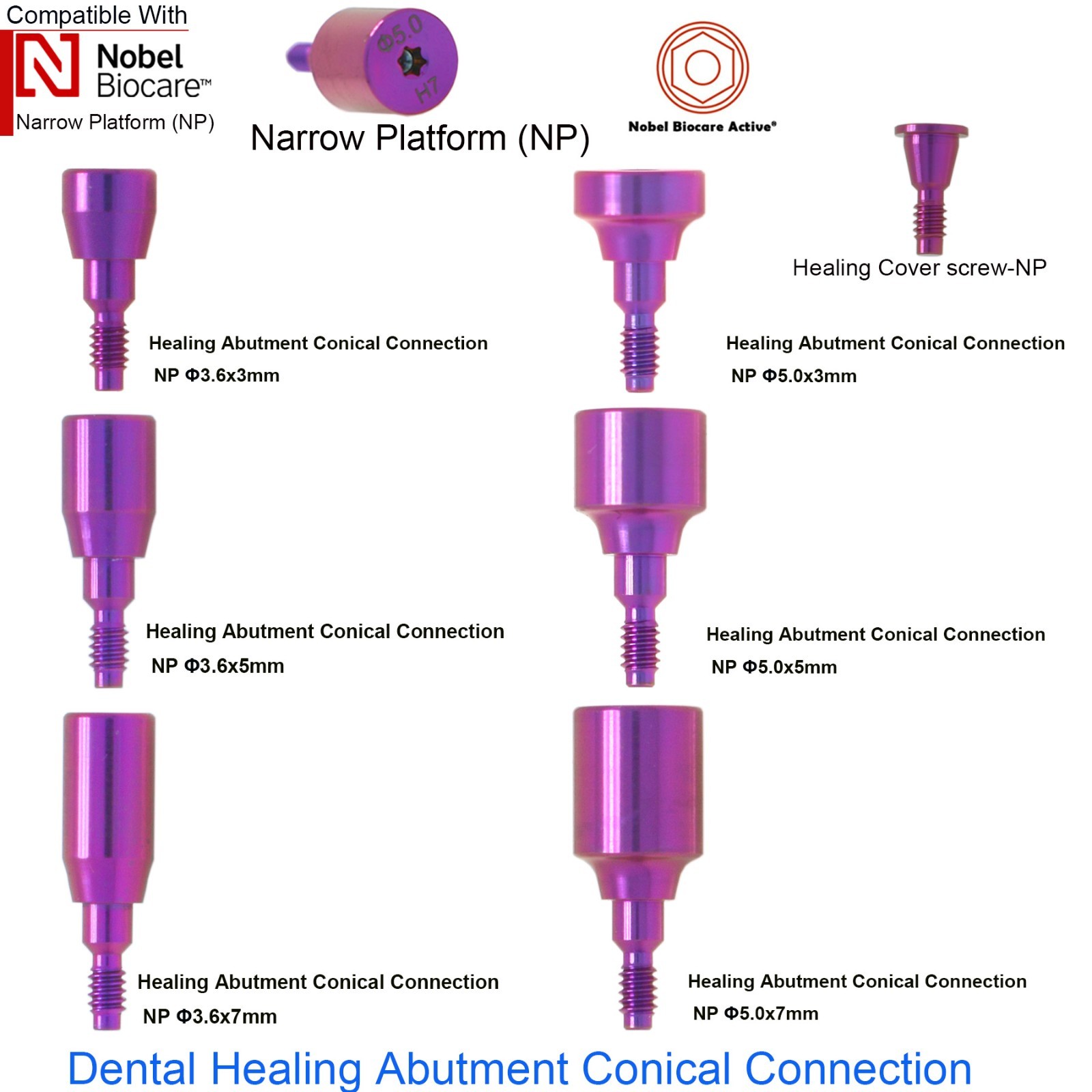 US Dental Nobel Healing Abutment 3.6/5.0/6.0mm & 3/5/7mm Height NP/RP Compatible