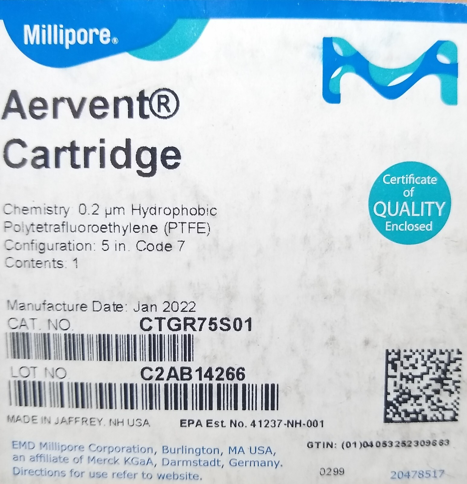 Millipore CTGR75S01 Aervent CTGR Cartridge Filter 5 in. 0.2 µm Code 7 PTFE