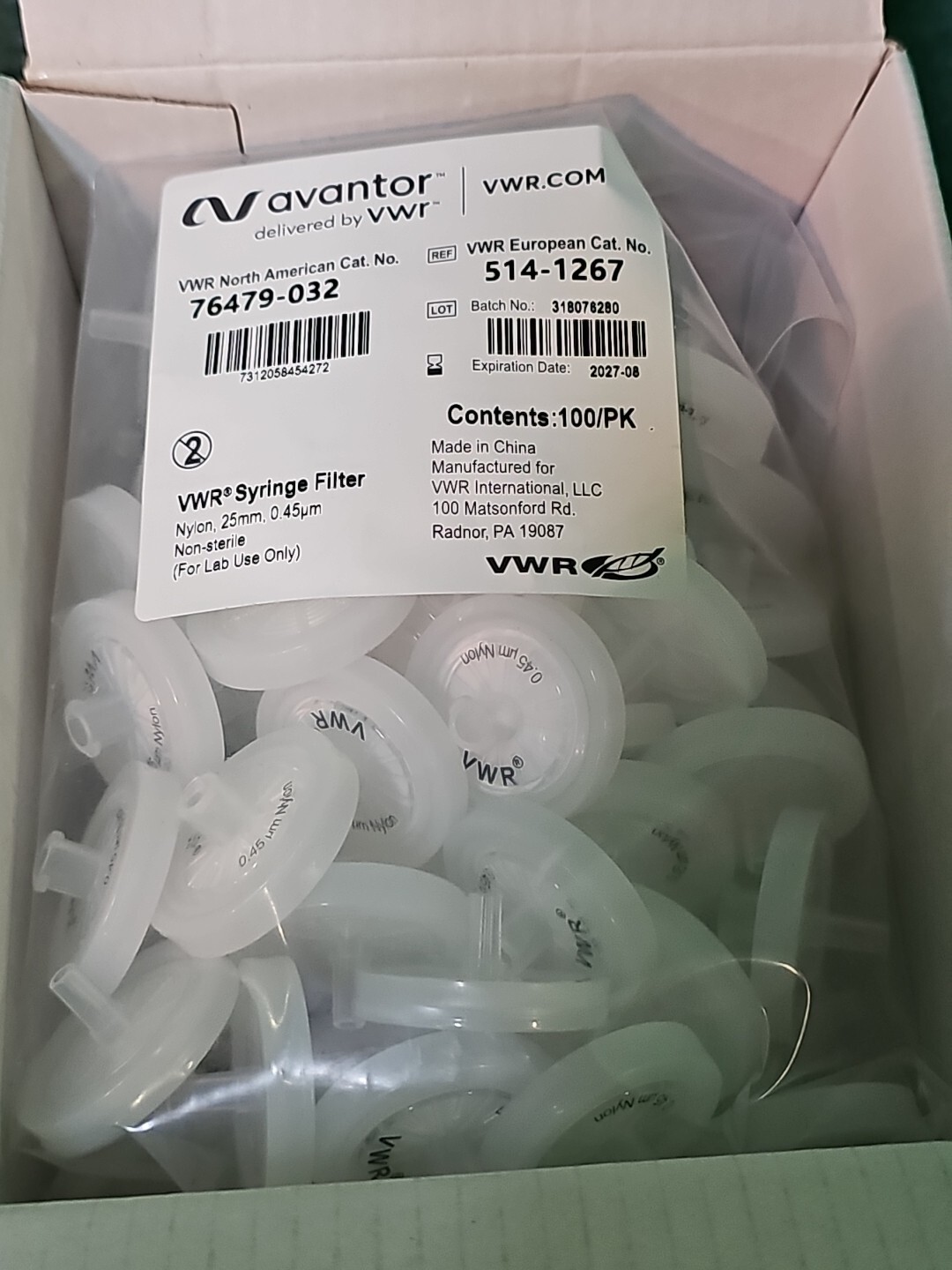 VWR 25mm 0.45μm Syringe Filter (100/Case) 76479-032 | 514-1267