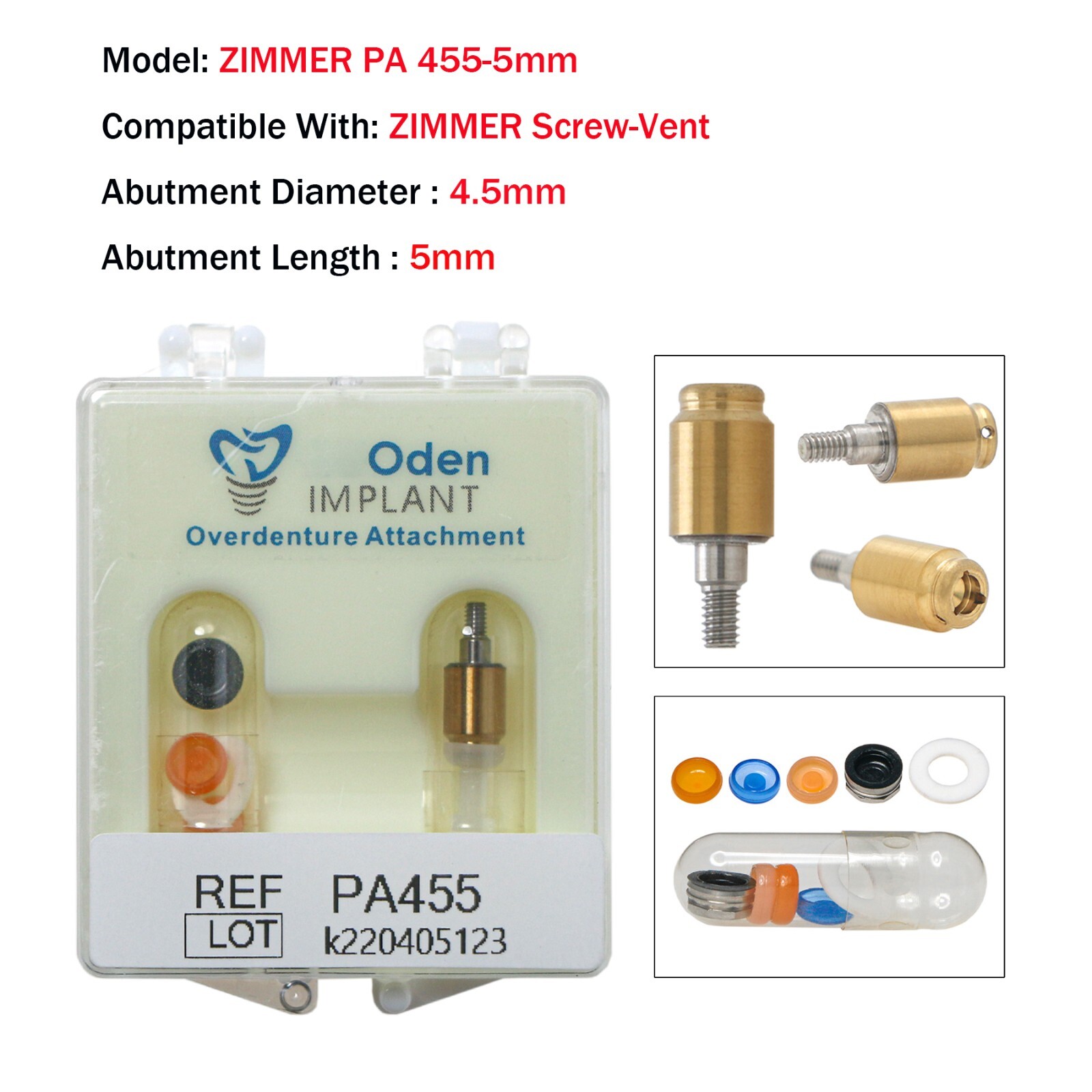 Dental Zimmer MIS Adin PA Ø3.5/4.5mm Abutment & Overdenture Male Caps Removable