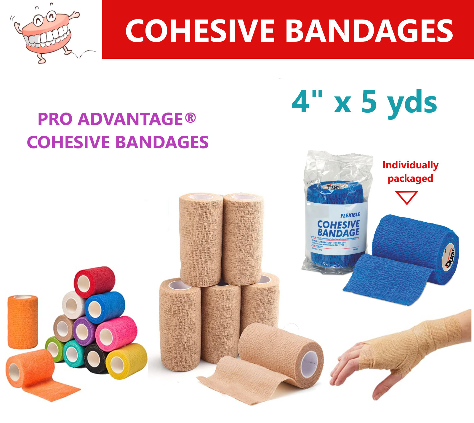 Self Adherent Cohesive Wrap Bandage Sports Athletic Tape 1″ x 5- 4″ x 5, 2/Pack