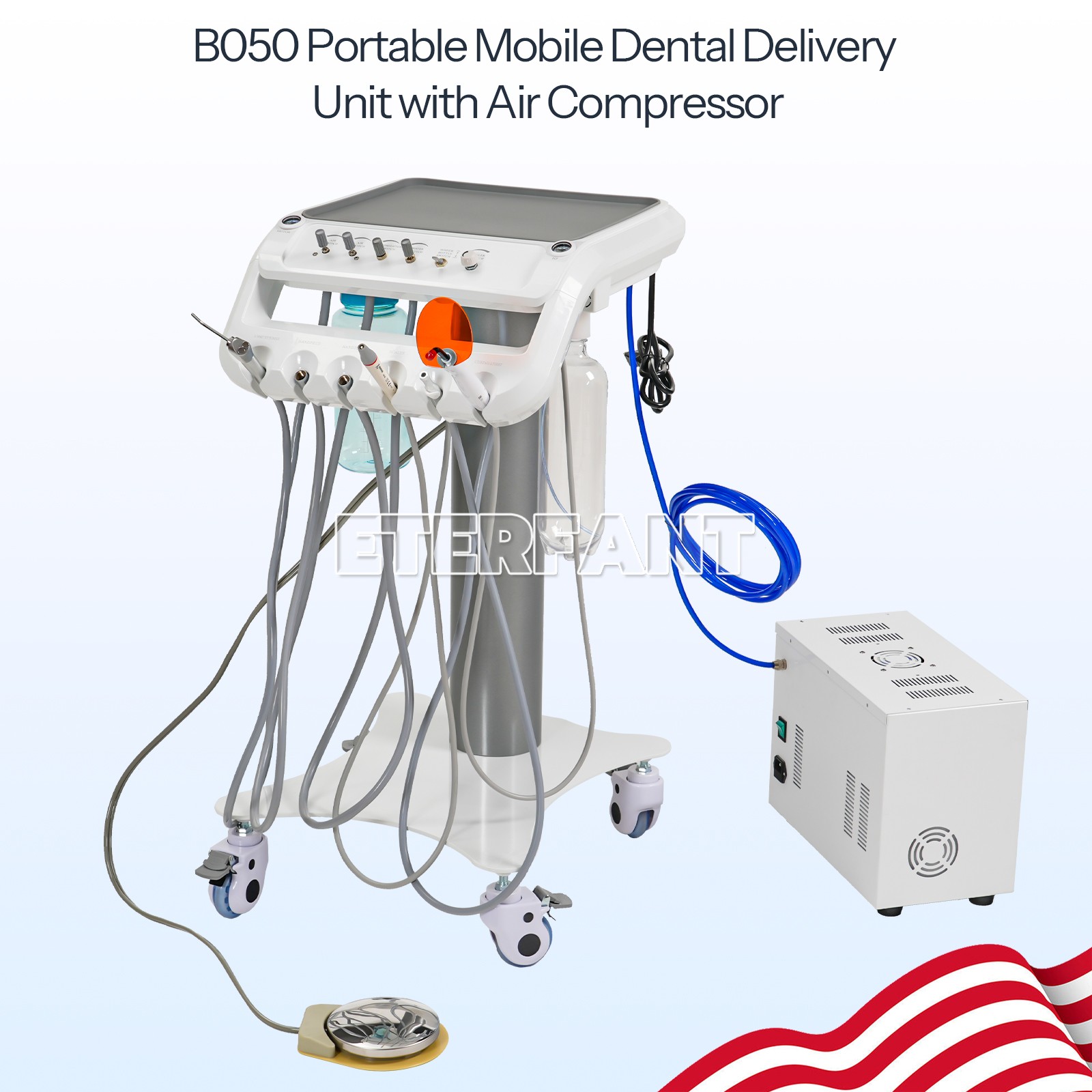 Dental Portable Mobile Cart Delivery Unit System 4Holes with Air Compressor US