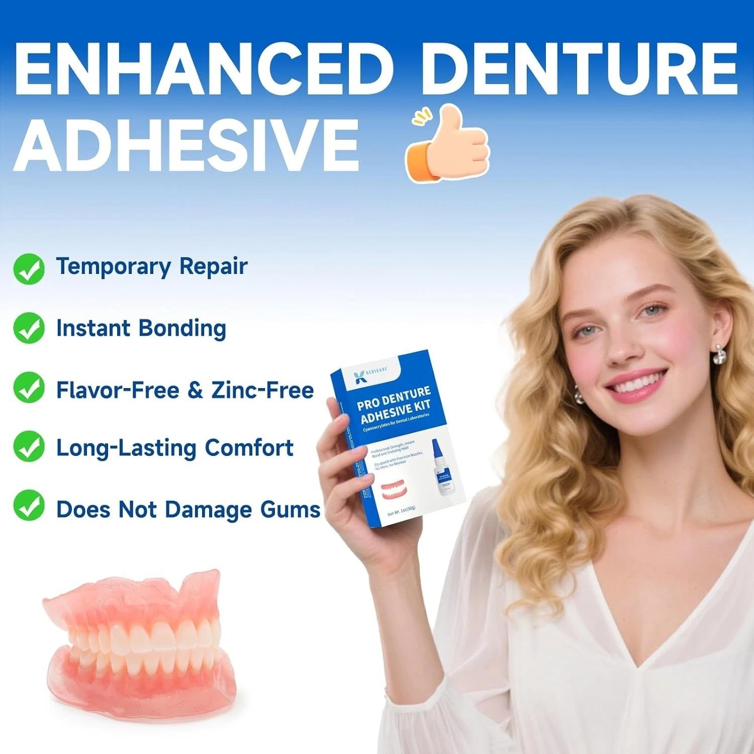 Dental Lab Denture Repair Adhesive Kit, 1oz Pro Instant Bonding Denture Glue for