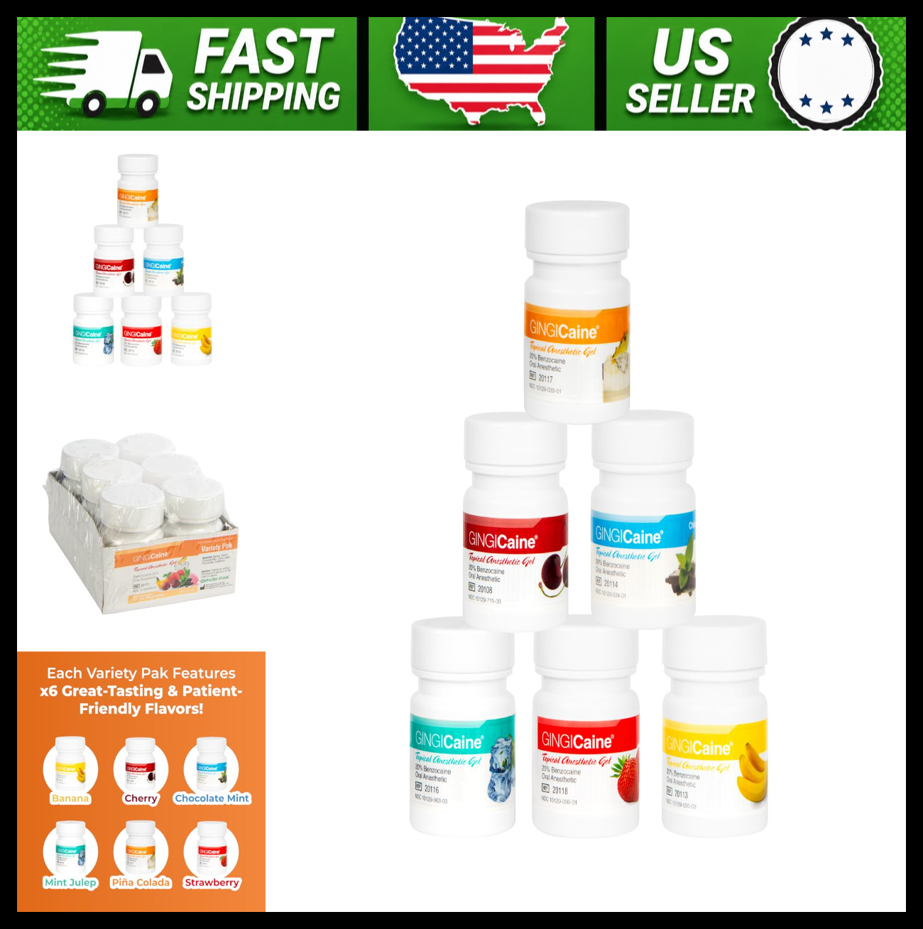 Gingicaine Topical Anesthetic Gel 20% Benzocaine Variety Pack 6 Pack
