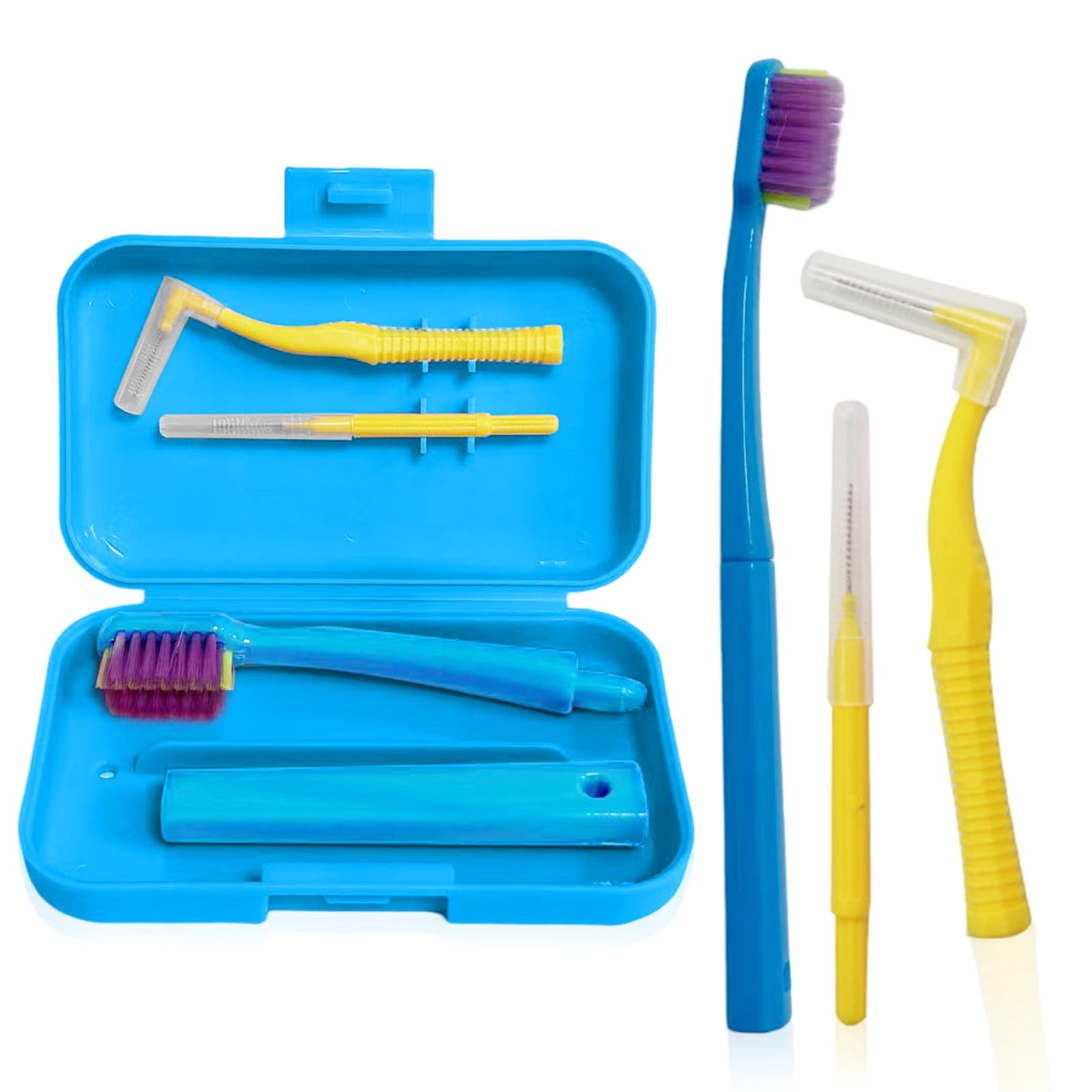 Ceonam 3-Pack Dental Care Kit – Angled Orthodontic Toothbrush, Blue