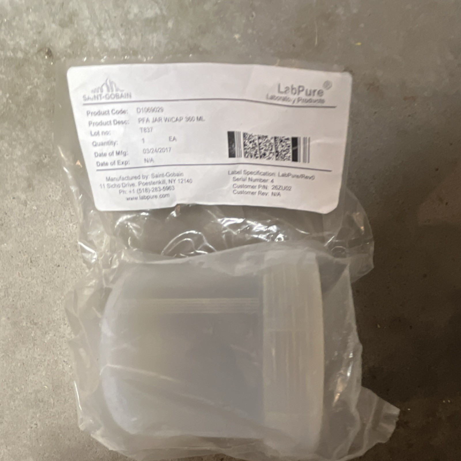 Saint-Gobain LabPure PFA Jar W/Cap 350 mL D169929 Laboratory Supply