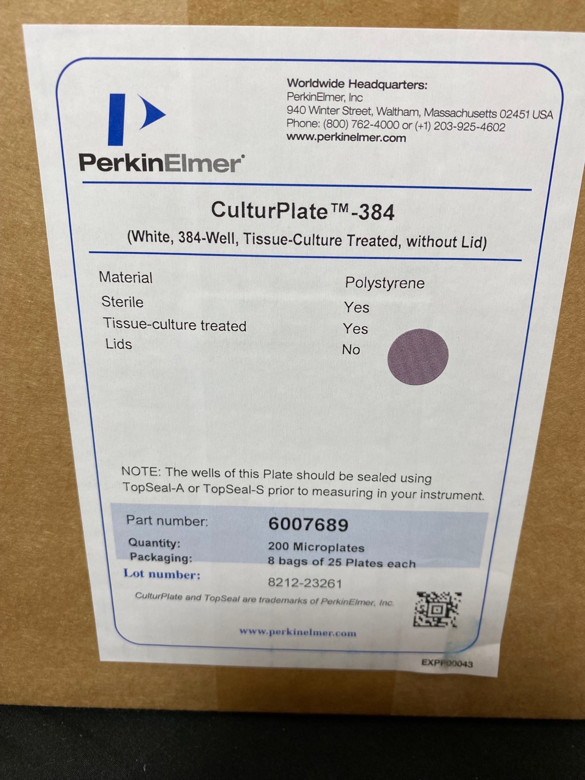 PERKIN ELMER CulturPlate 384 Well Sterile TC White Microplates 6007689 (200/Cs)