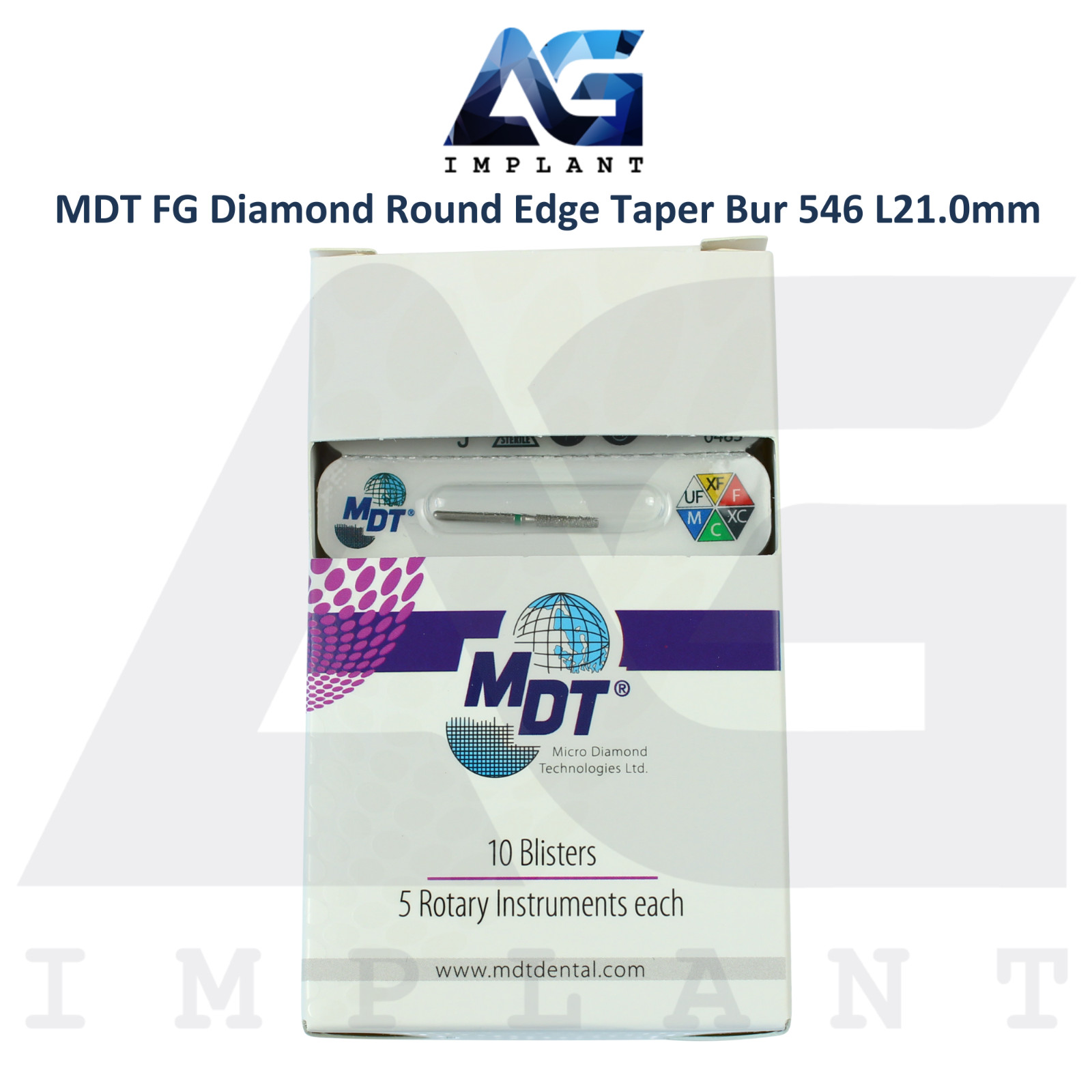 MDT Dental FG Diamond Coated Round Edge Taper Bur 546 L21.0mm Ø0.16mmX8.0mm