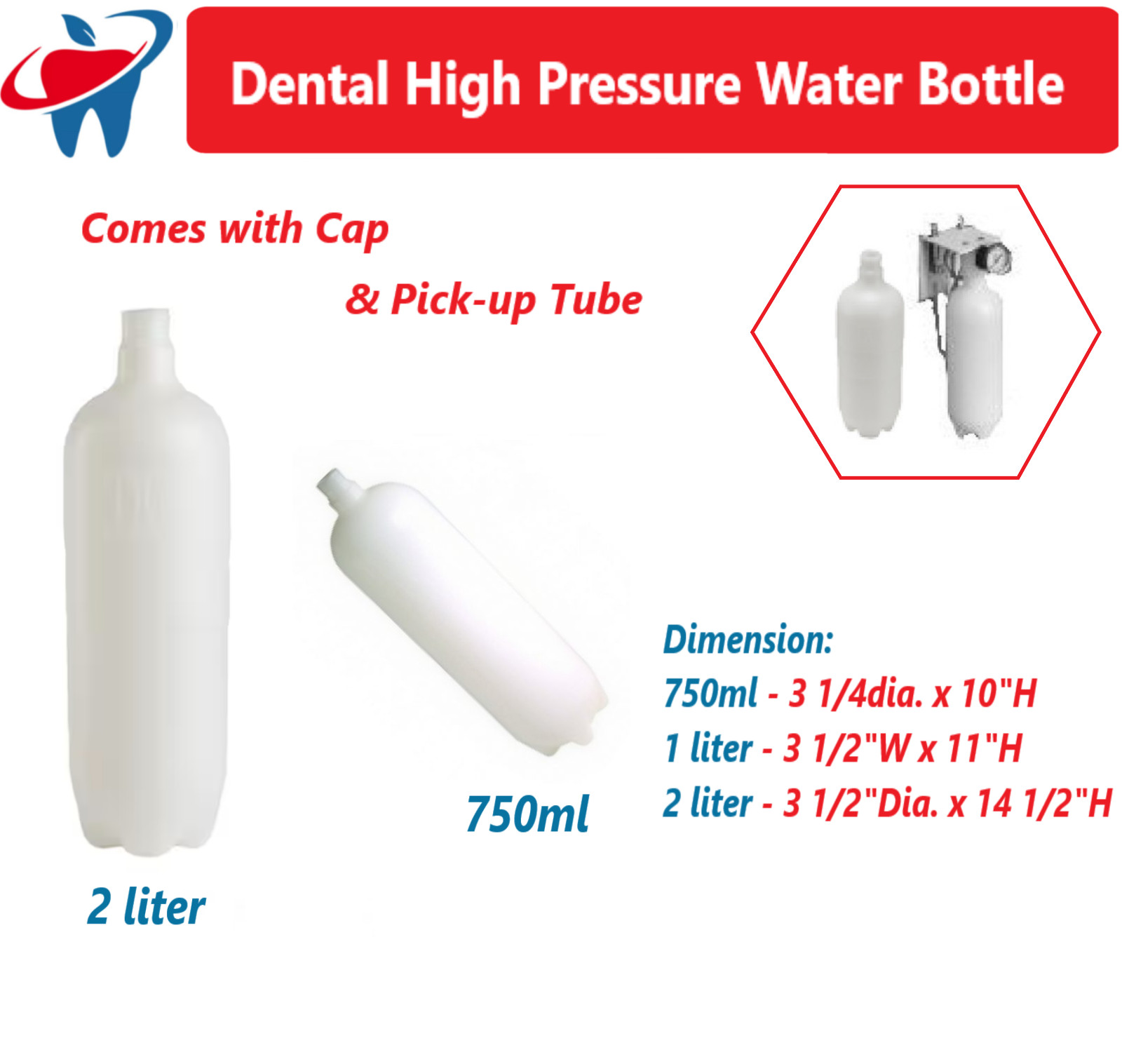 Dental System Pressure Water Bottle For Midmark, A-dec, Belmont, DCI Equipment
