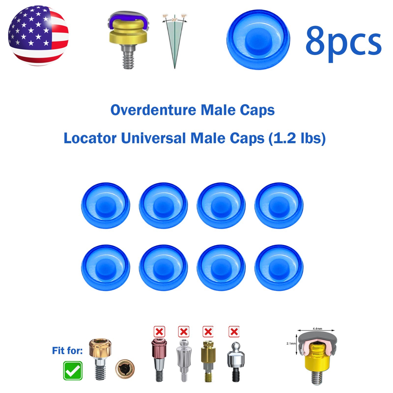 US Dental Overdenture Locator Abutment Retention Male Cap Processing Inserts Set