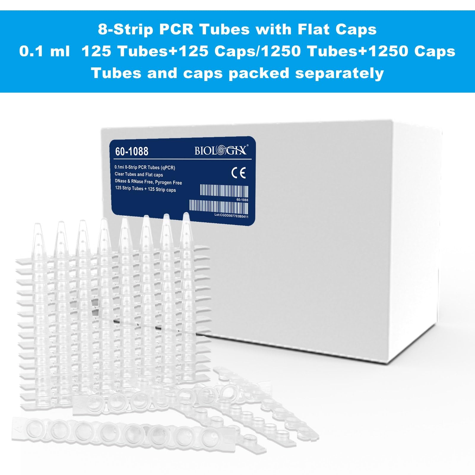 125 Strips 0.1ml 8Strip PCR Tubes Clear Thin Wall Flat Caps DNase/RNase Free