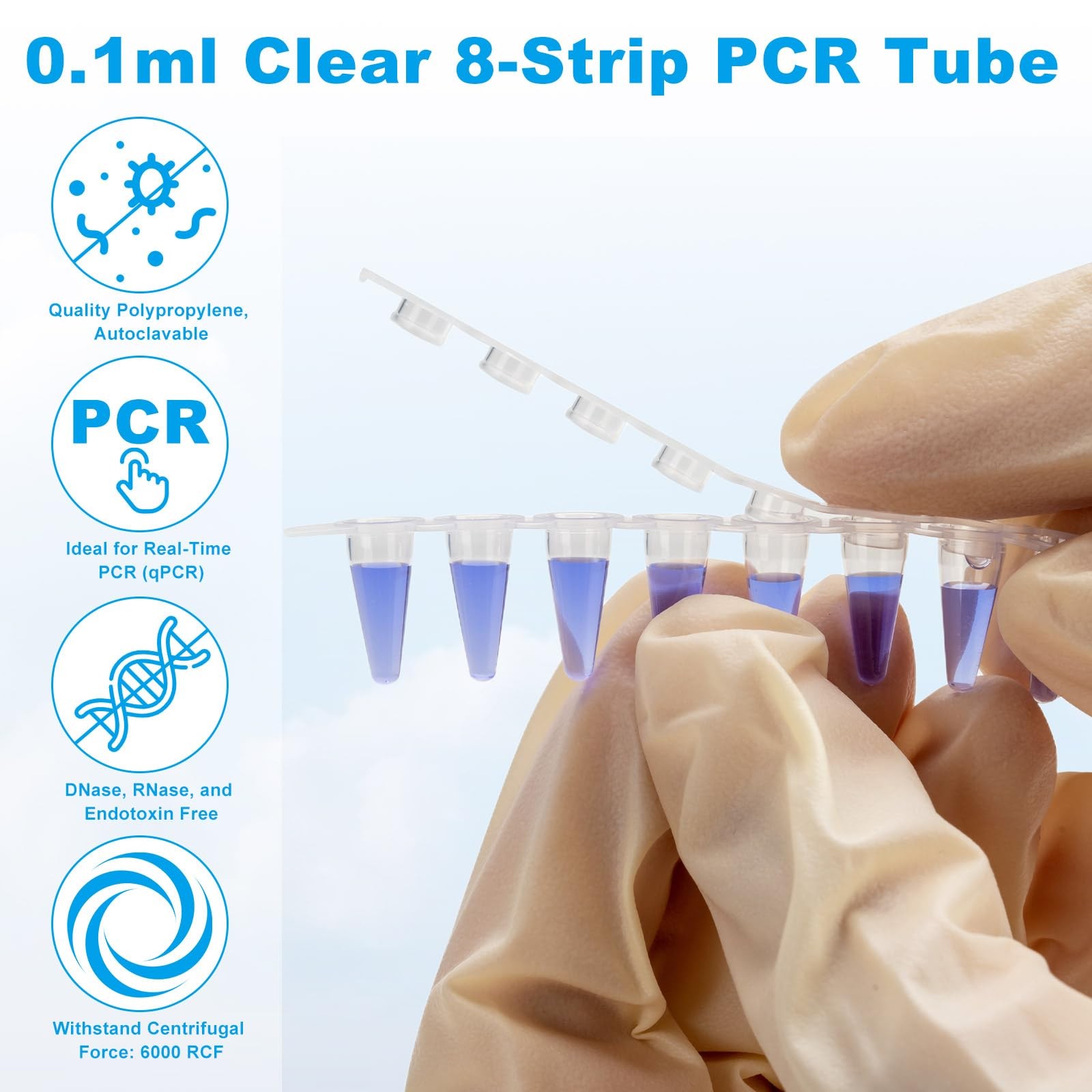 0.1ml 8-Strip PCR Tubes Clear Thin Wall Flat Caps DNase/RNase Free 125 Strips