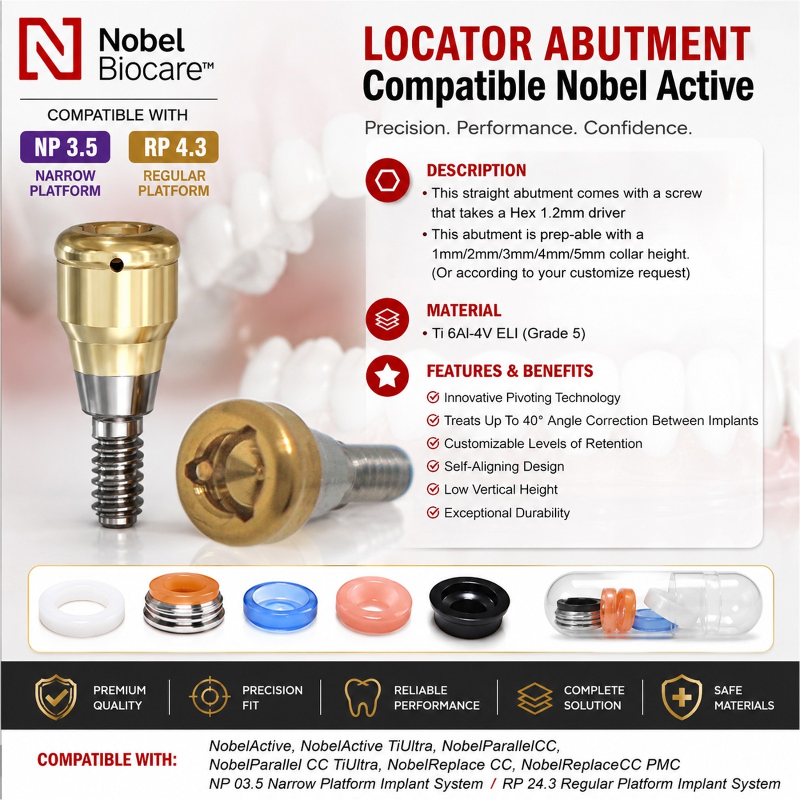 US Dental Locator Abutment NP/RP 3.5/4.3mm Fits Nobel Active Implant Overdenture