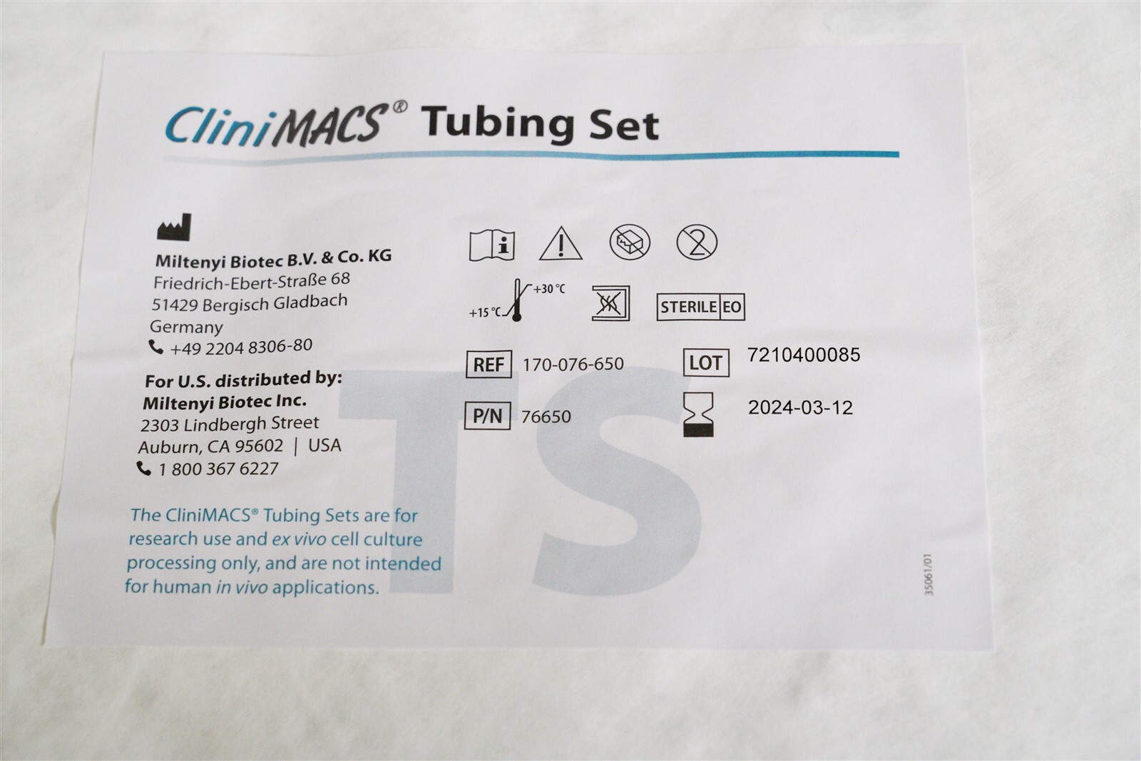 Miltenyi Biotec 170-076-650 CliniMACS Tubing Set (P/N 76650), Exp. 3-12-2024
