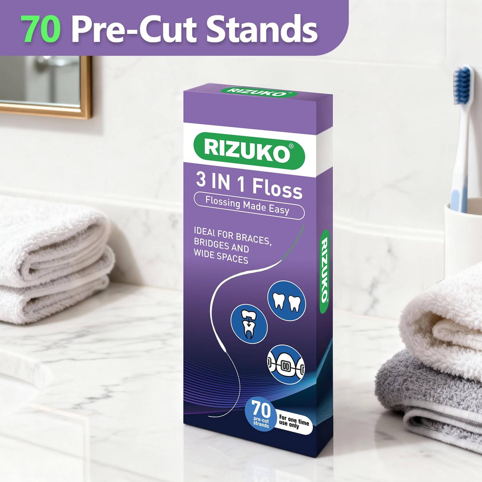 Rizuko Dental Floss for Braces, 3-in-1 70 Count (Pack of 2), White