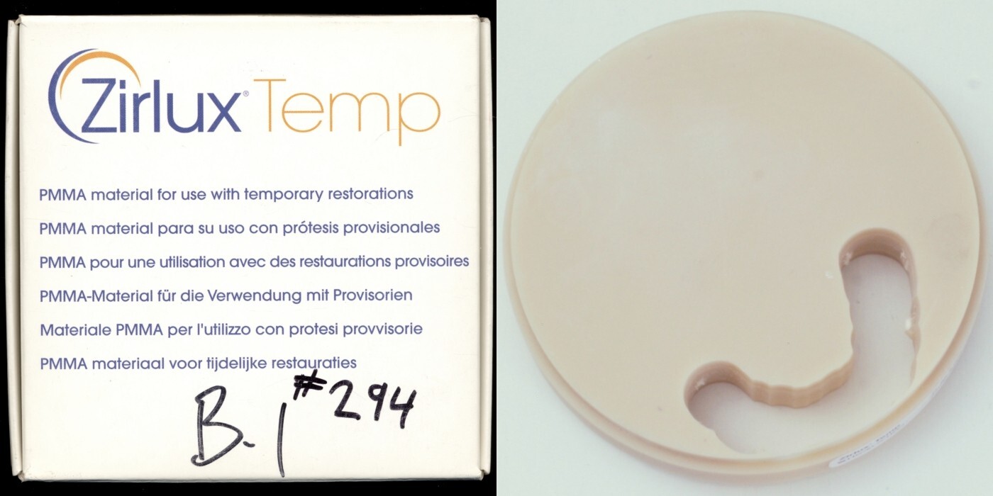 Used Zirlux Temp PMMA – 98×18 mm – Shade B1 – 900-7905 – Use By 2026-03
