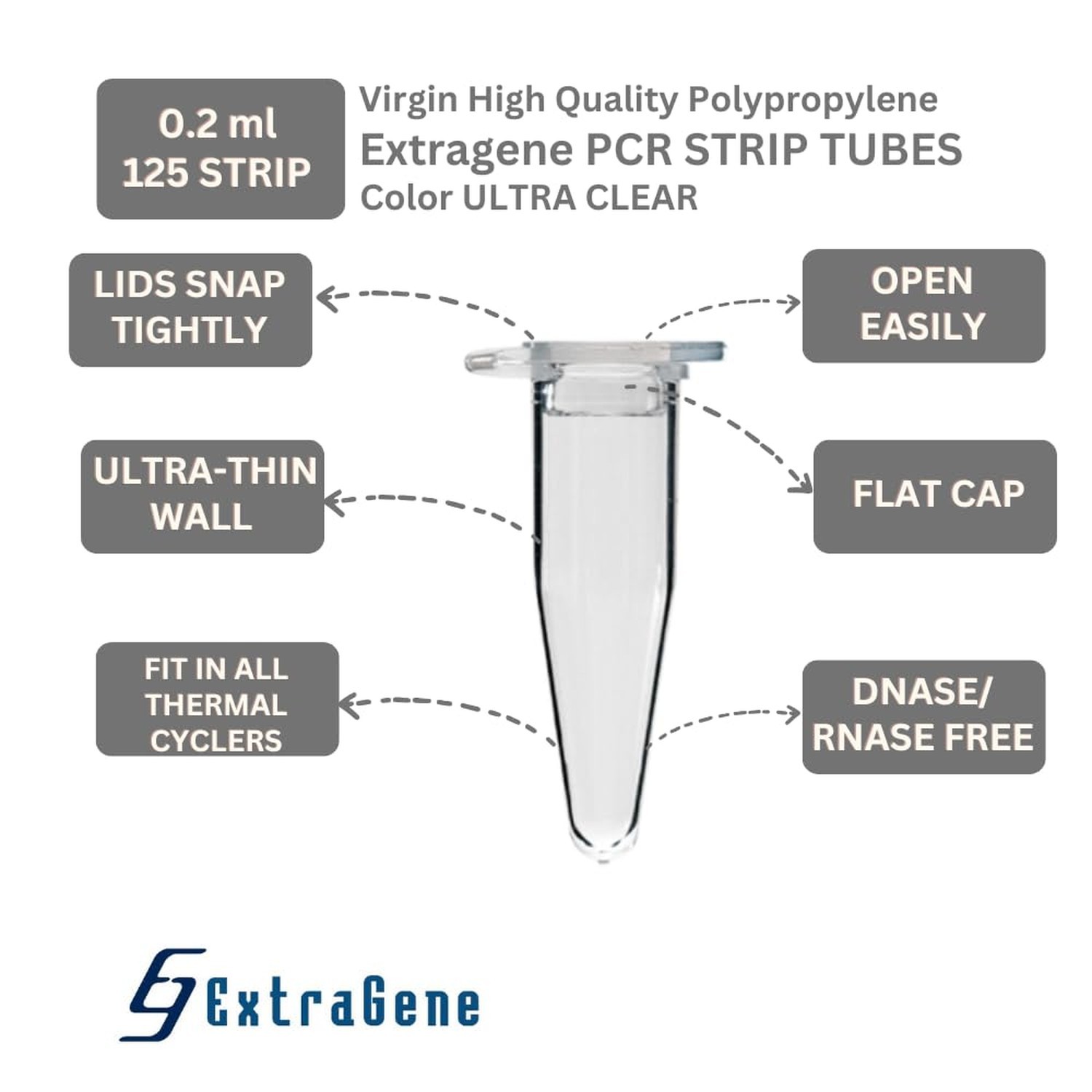 Extragene PCR Tube with 0.2ml Thin Wall, Strip of 8 Tubes, Snap Flat Caps DNa…