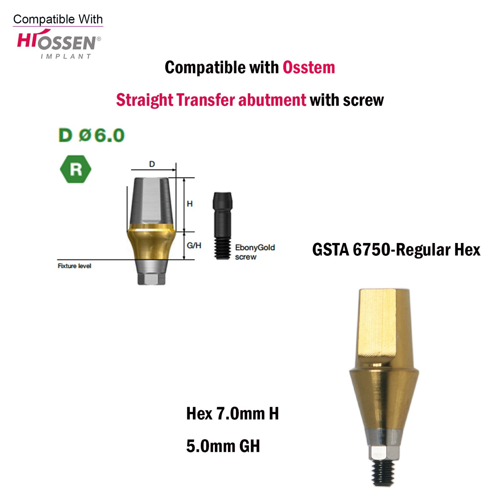 US Dental Straight Transfer Abutment Regular Ø6.0mm 1-6mm GH For Hiossen Osstem