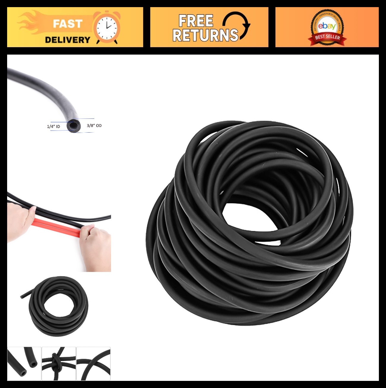 3/8in OD Latex Rubber Tubing – 1/4in ID Slingshot Bands, Black, 10FT/33FT/50FT