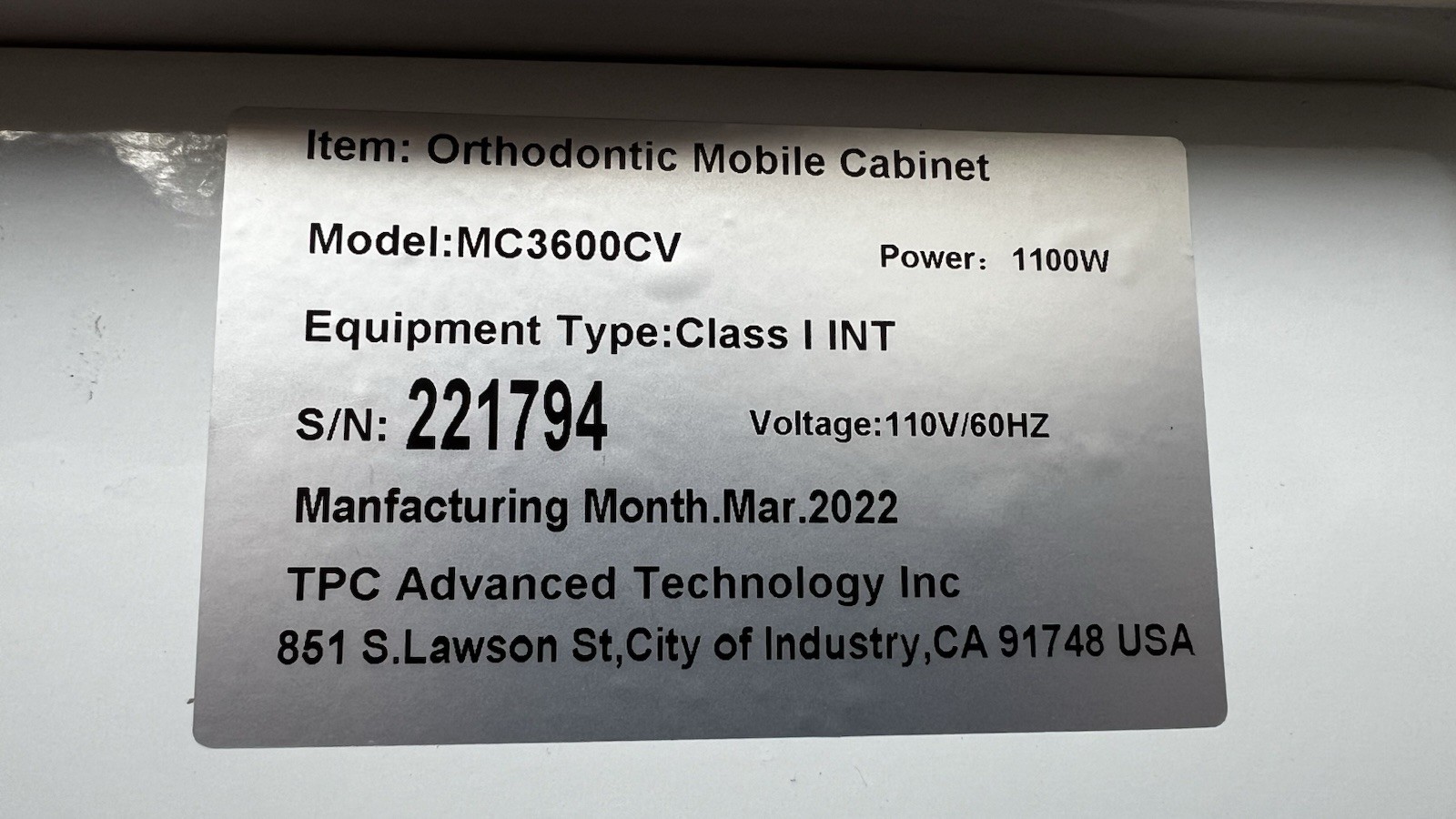 TPC Dental Mobile Unit (Model MC3600CV)