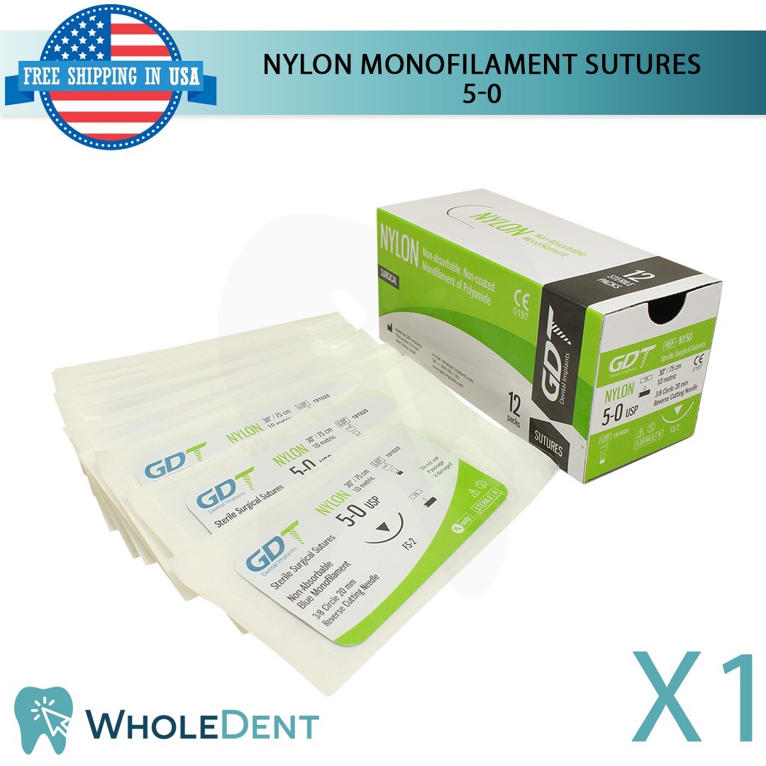 1X Atraumatic Nylon Surgical Suture Sewing Thread 3/8 Circle Reverse Sterile 5-0
