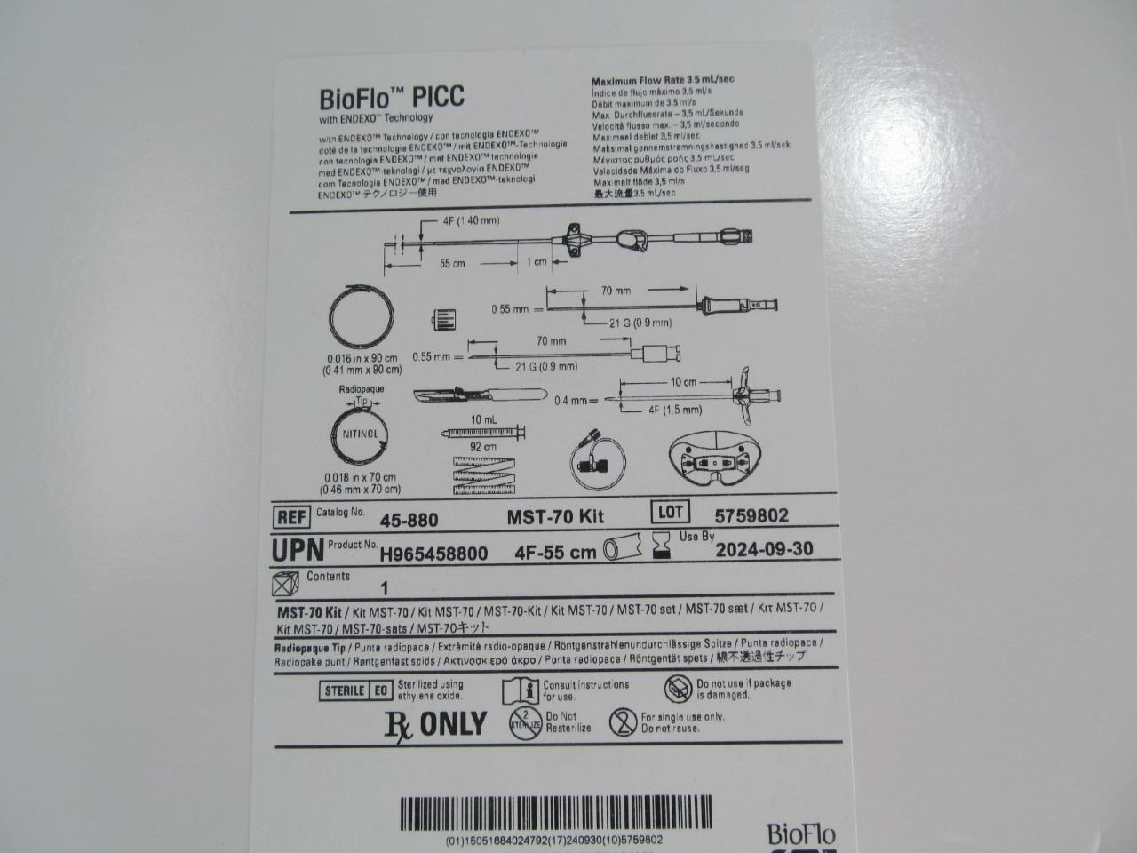 Navilyst BioFlo PICC MST-70 Kit Expiration Date (Sept 2024)