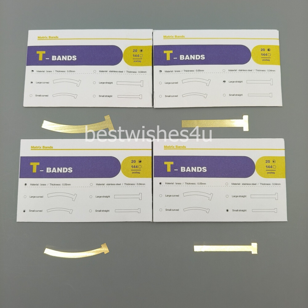 100/Bag Dental T- Band Brass Straight Large Small Curved Matrix Bands 0.05mm