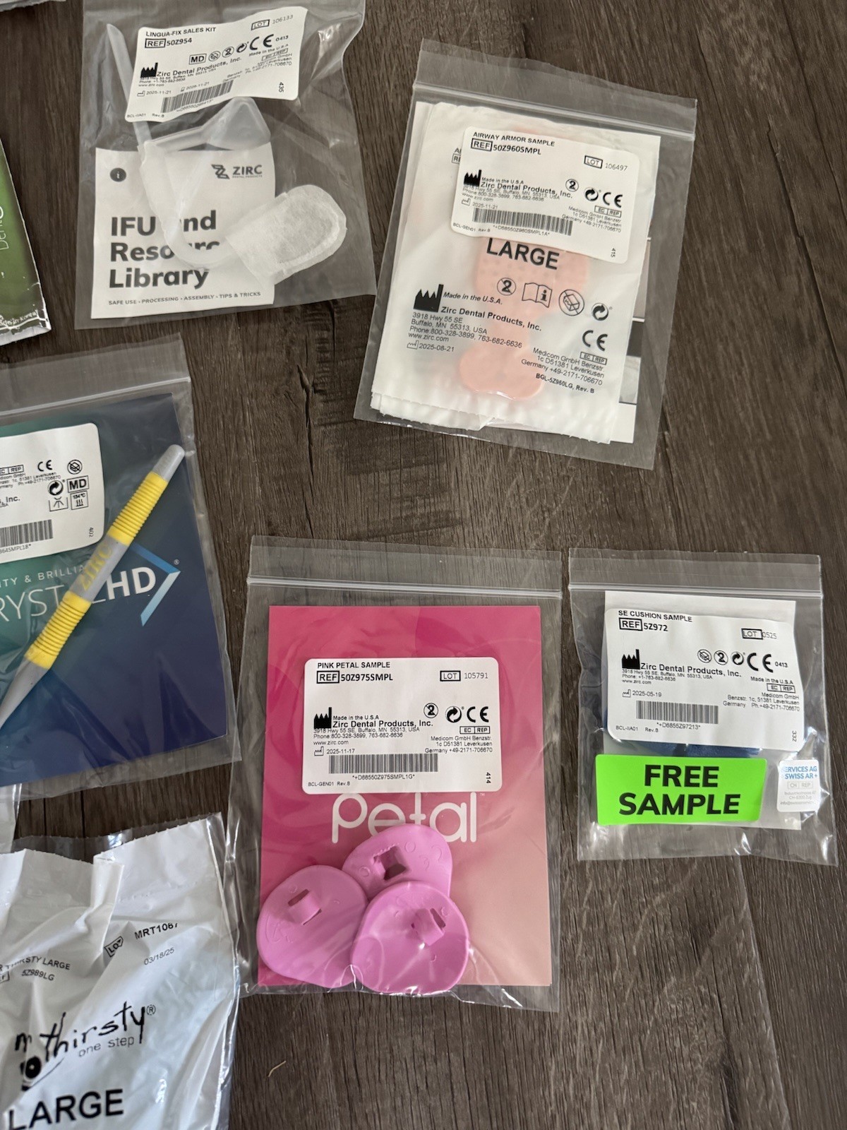 Various Zirc Product Samples – Mr. Thirsty, Mouth Prop, Mirror