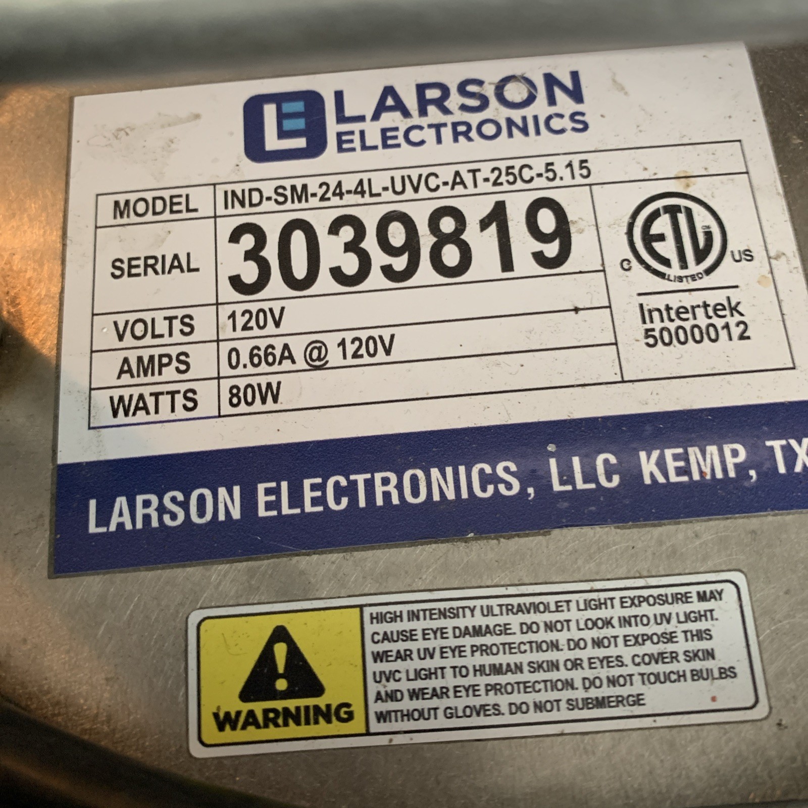Larson Industrial Portable UV Sanitation Cart – 3500 sq. ft – Used