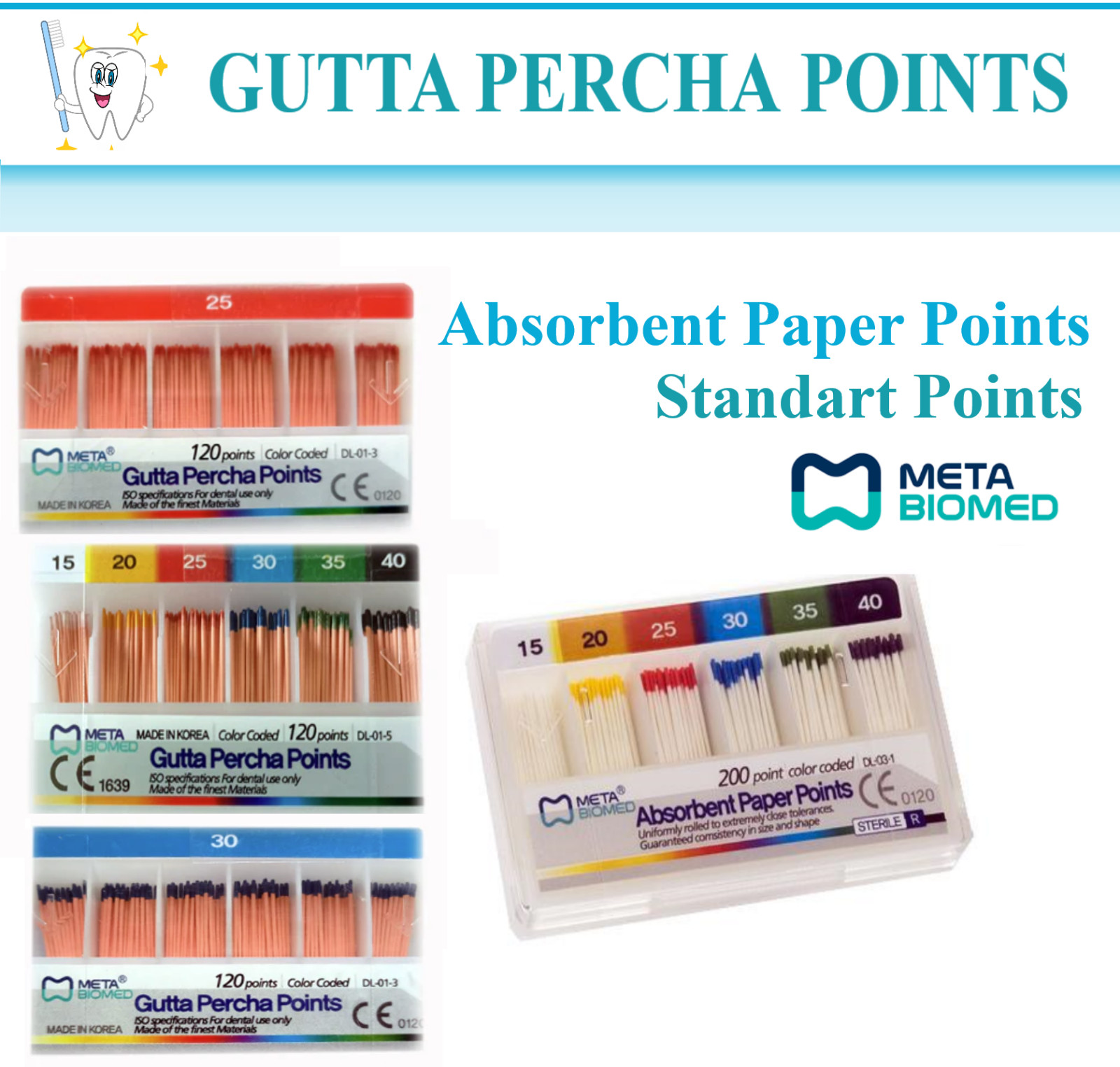 Dental GUTTA PERCHA POINTS /ABSORBENT Paper Points, Standart #10 #25 Meta 200/pk