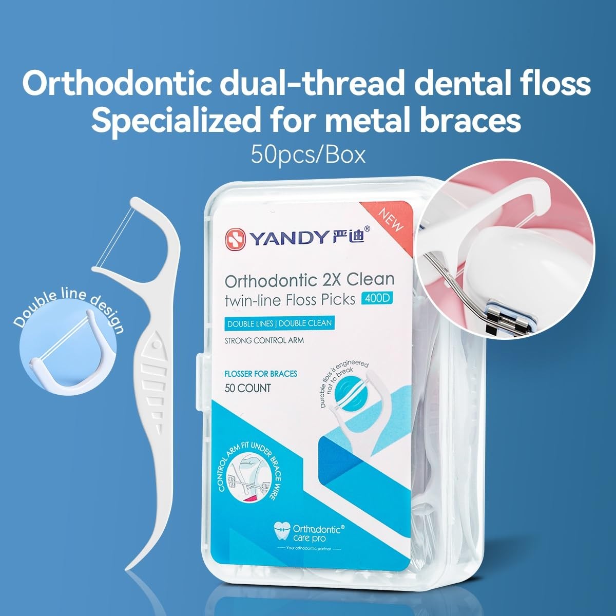 YANDY Orthodontic Flossing Sticks Designed for 50 Count (Pack of 1), White