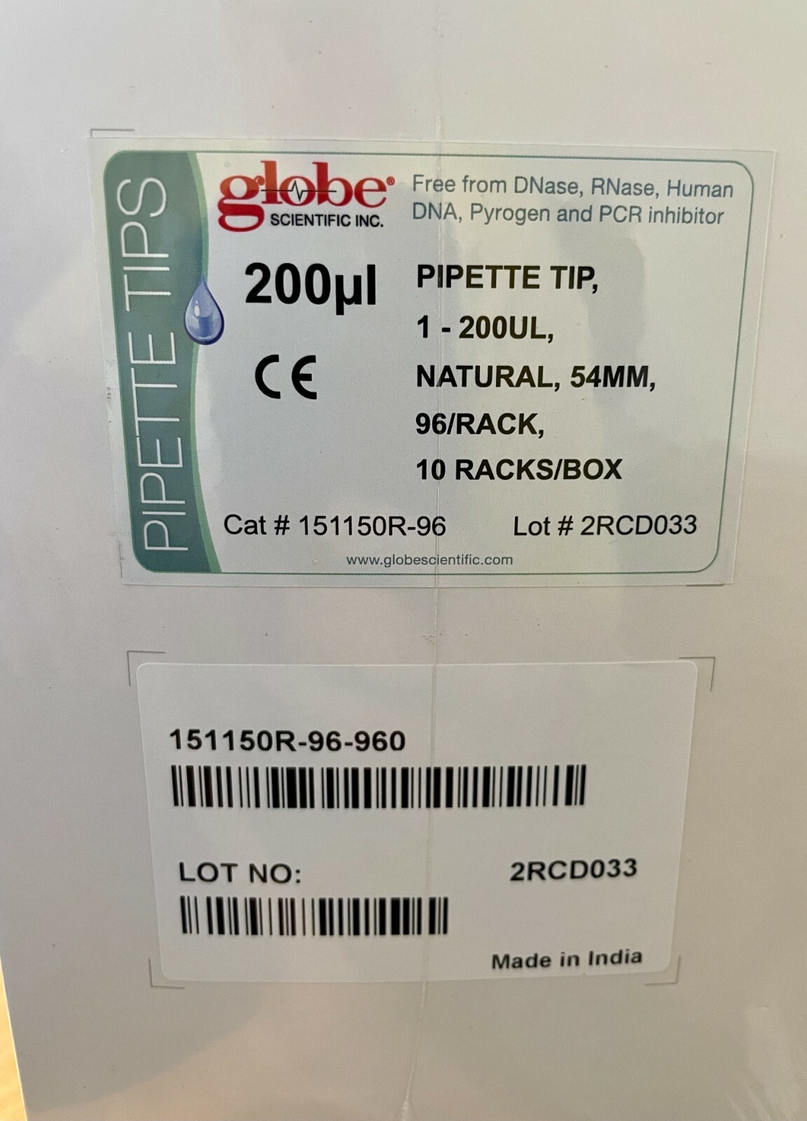 Globe Scientific 200ul Pipette Tip Natural 54mm 96/Rack 10 Racks/Box 151150R-96