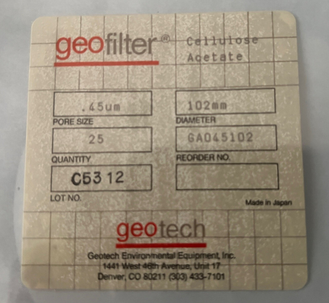 Geotech Geofilter Cellulose Acetate. 0.45 Micron, 102 mm, GAO45102. 100 Units