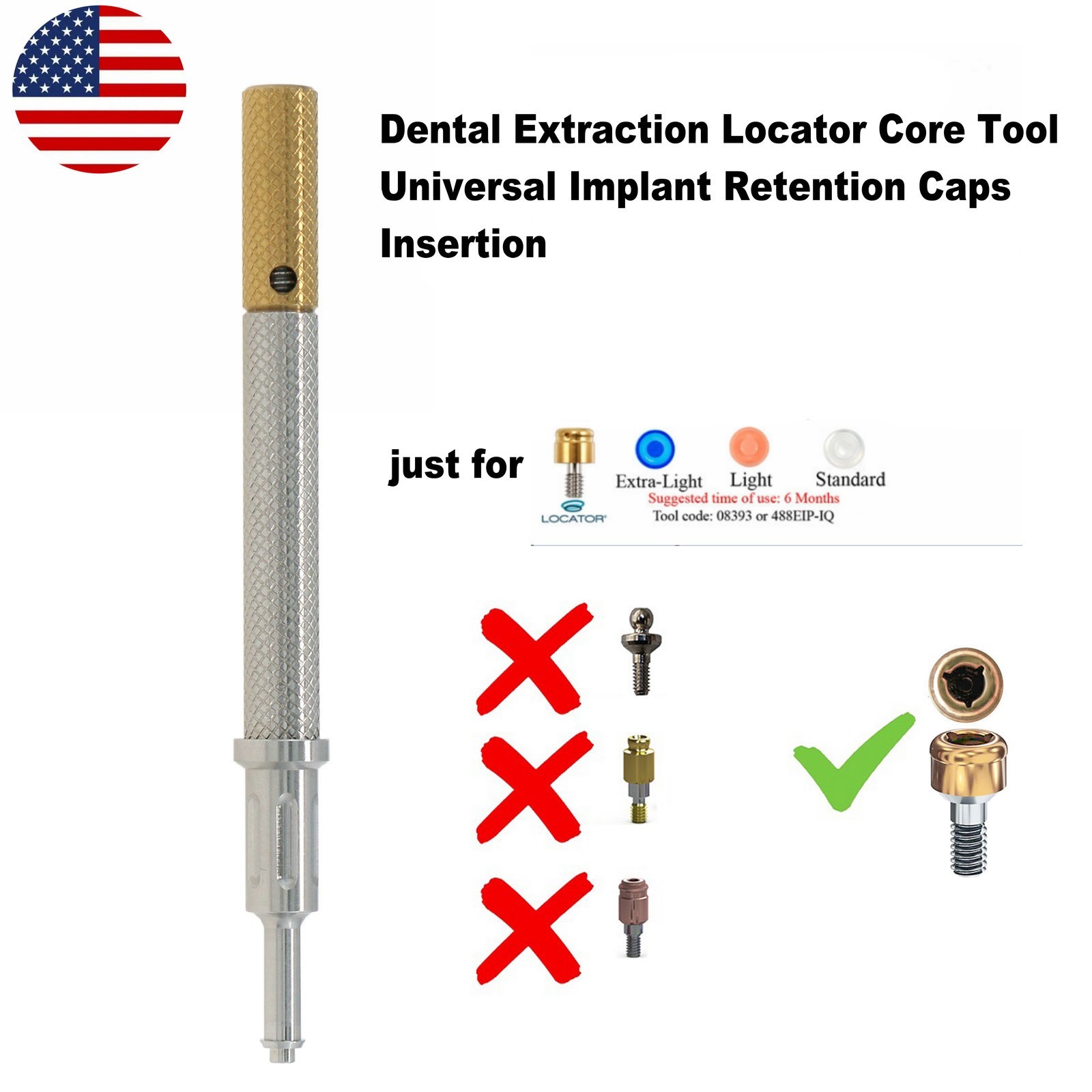 US Universal Dental Overdenture Implant Retention Caps 1.2 lbs Locator Core Tool
