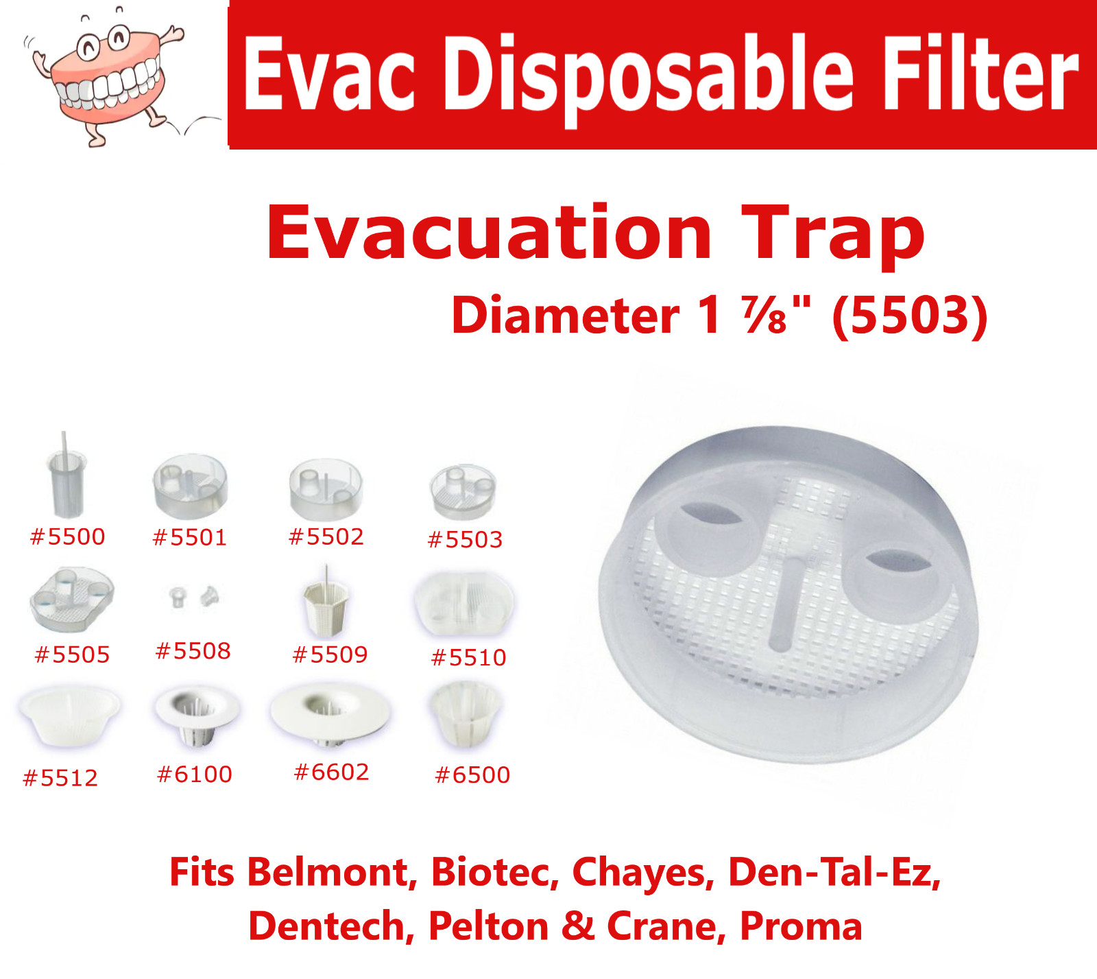 Dental Evacuation Trap 1 7/8, 5503 Fits Belmont, Biotec, Chayes, Dentech, Proma